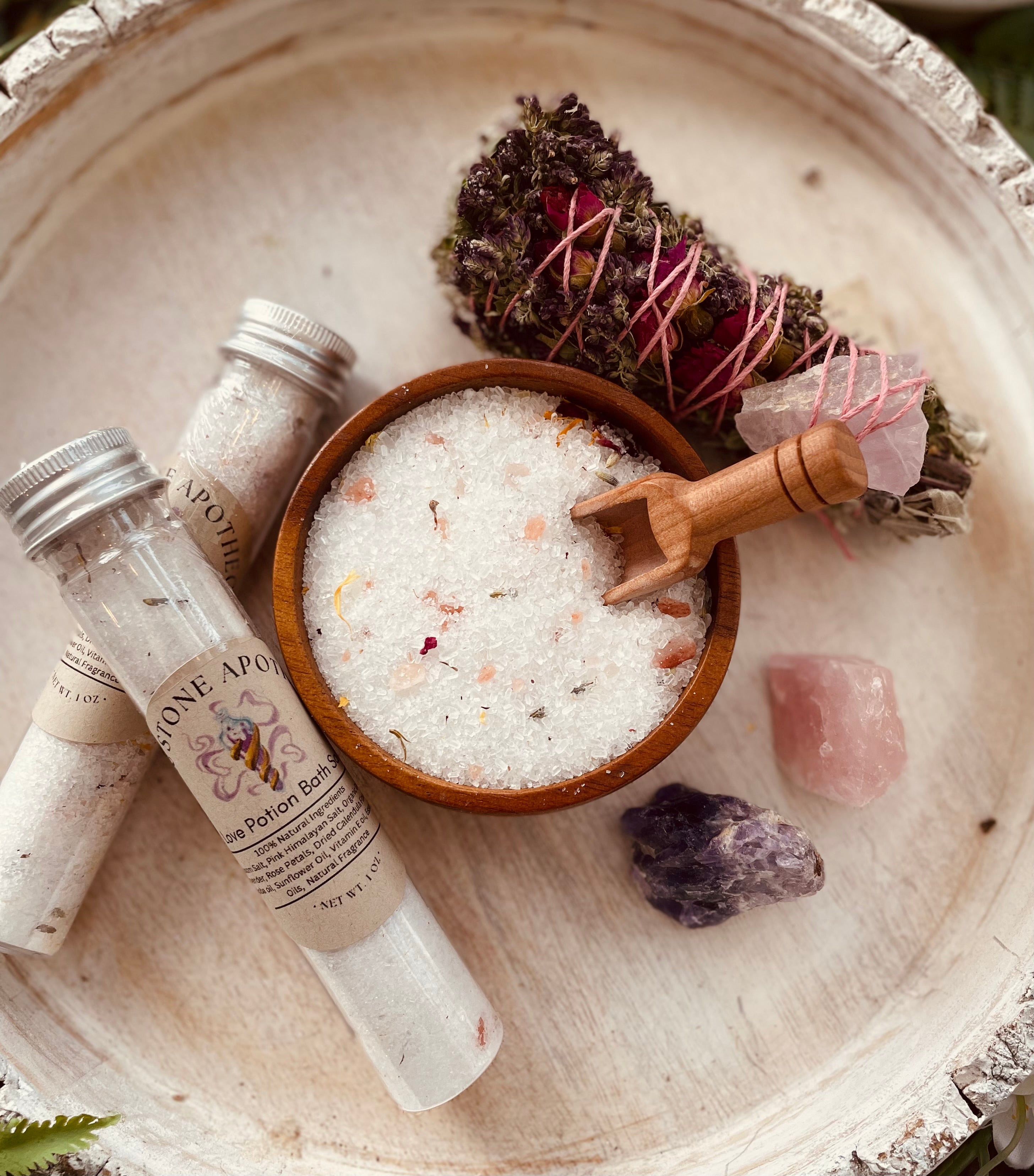 Sage & Stone Apothecary Love Potion herbal bath salts tube for relaxing body care and wellness in a natural, aromatic blend.