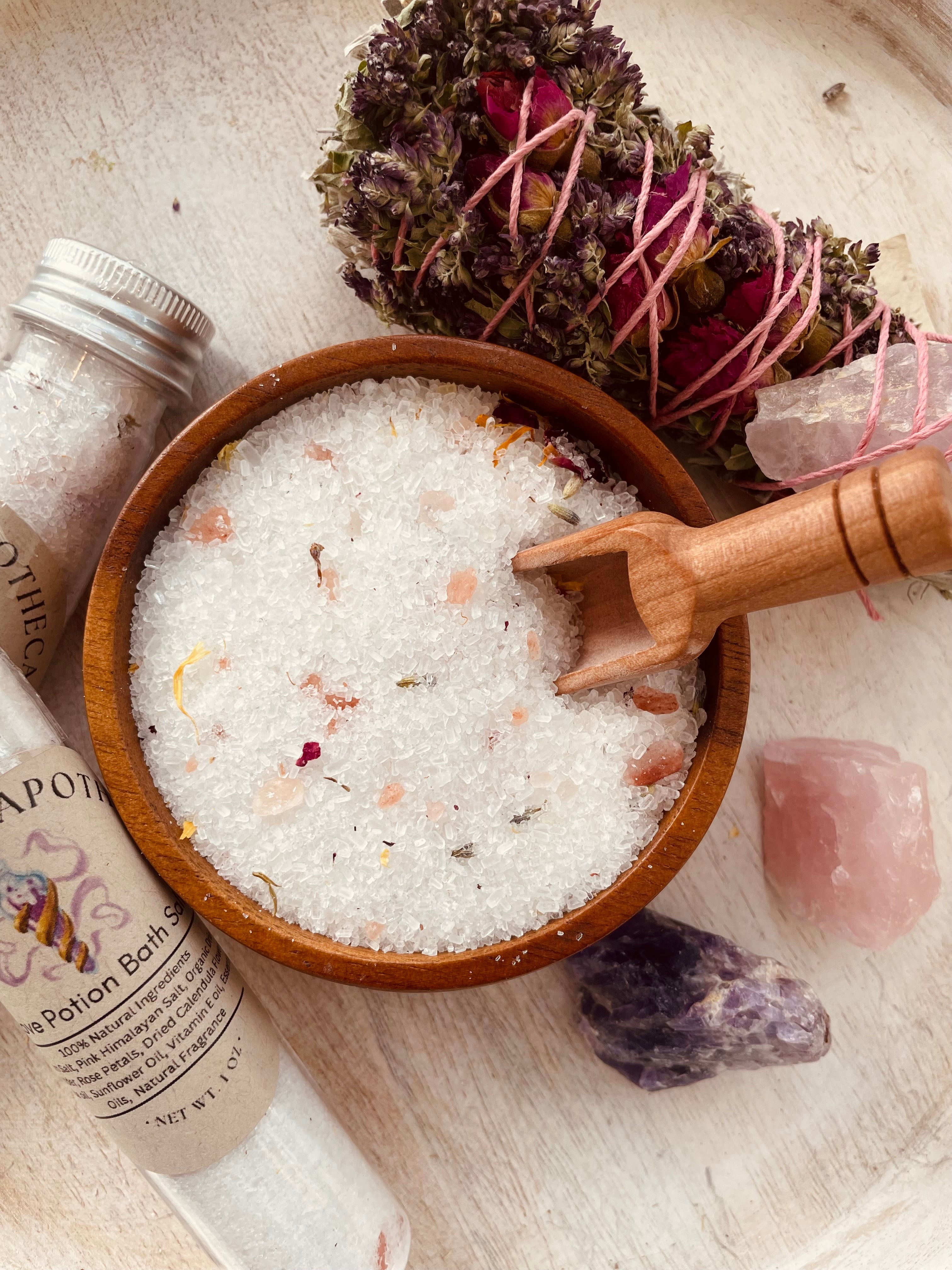 Sage & Stone Apothecary Love Potion herbal bath salts tube, showcasing a natural herbal blend in a sleek packaging for body care and wellness.