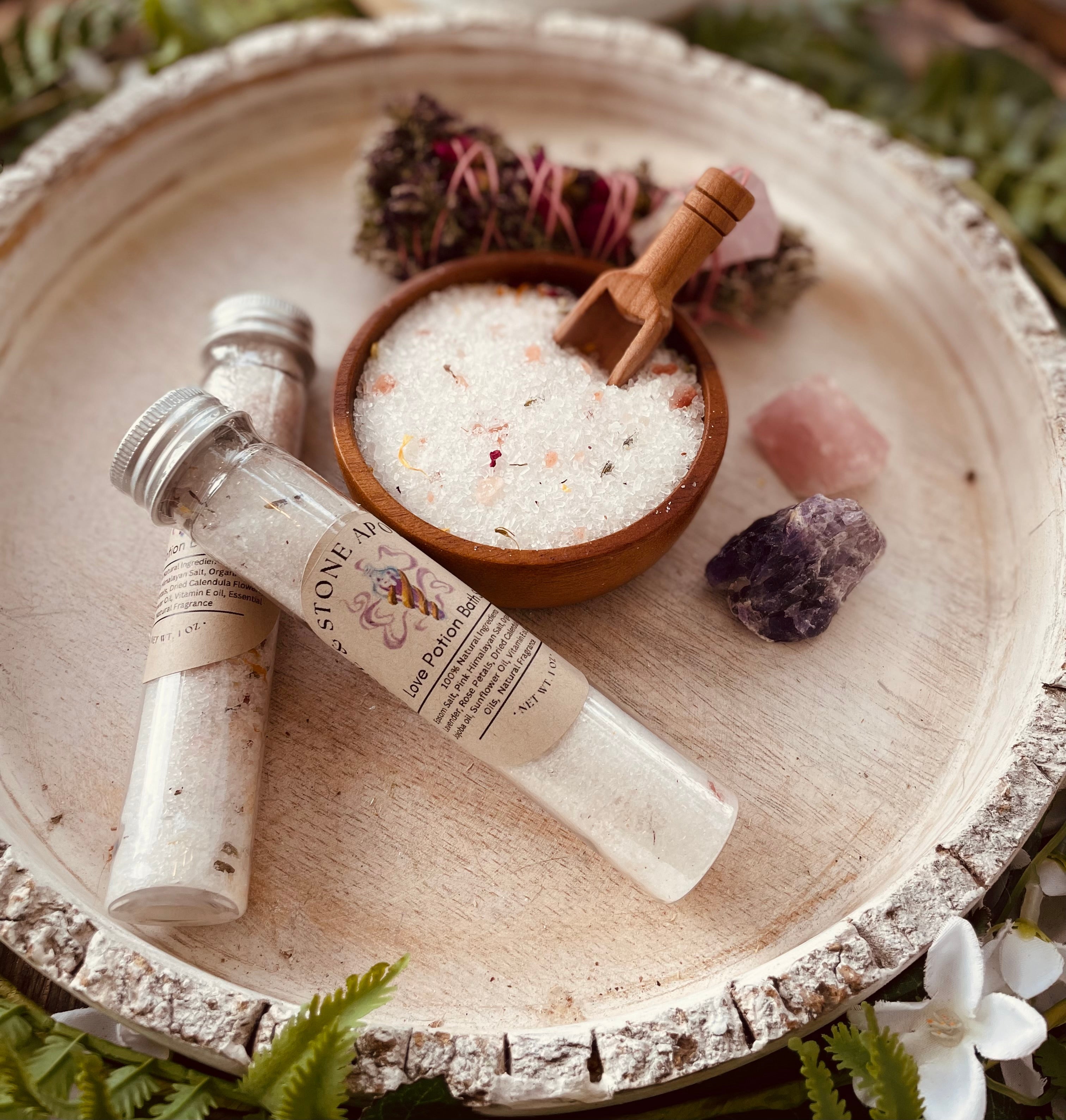 Sage & Stone Apothecary Love Potion herbal bath salt tube for relaxing body care and wellness, featuring a colorful herbal blend.