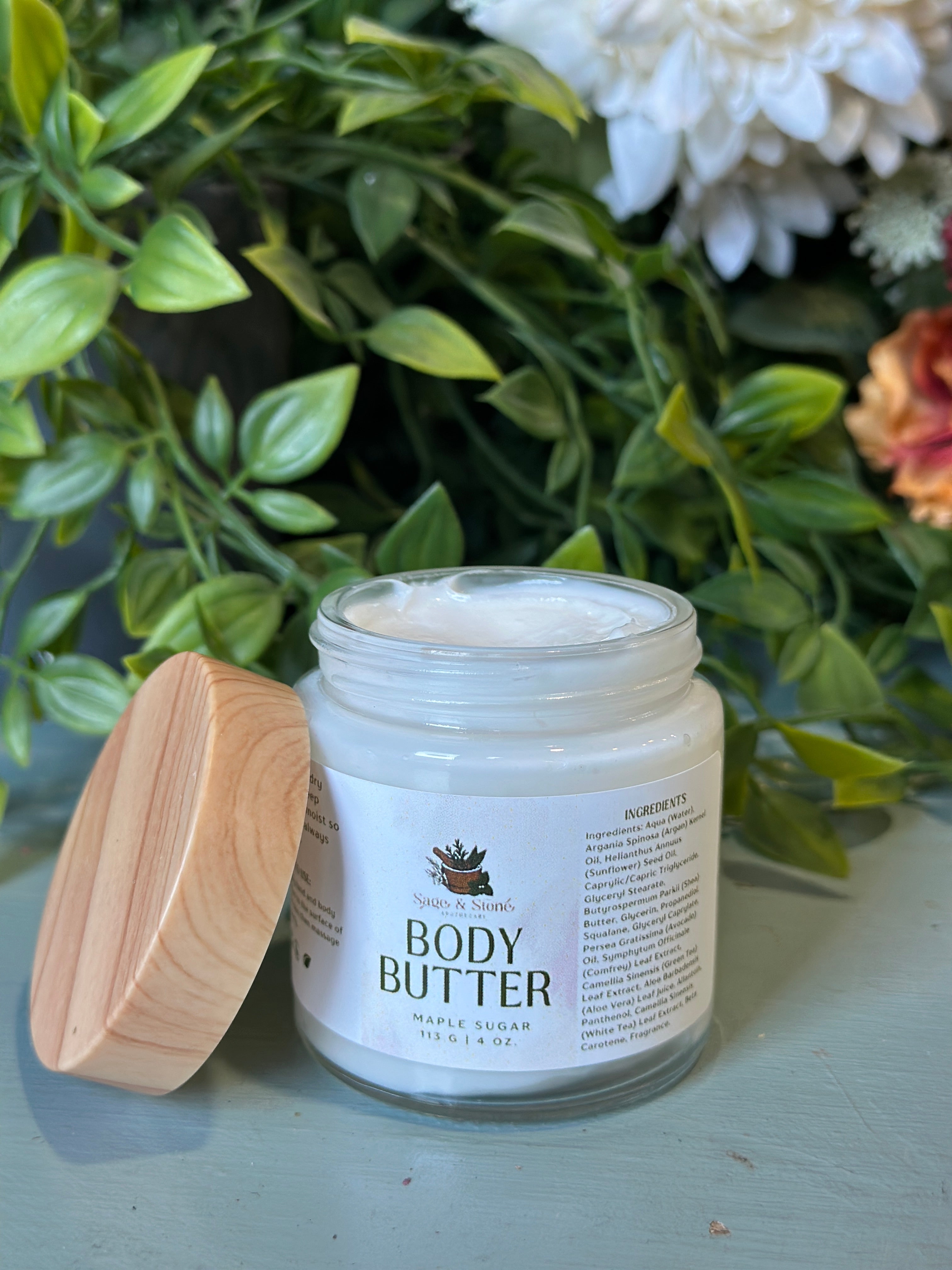 Sage & Stone Apothecary Maple Sugar Body Butter jar with a creamy, rich texture for nourishing skin in natural body care.