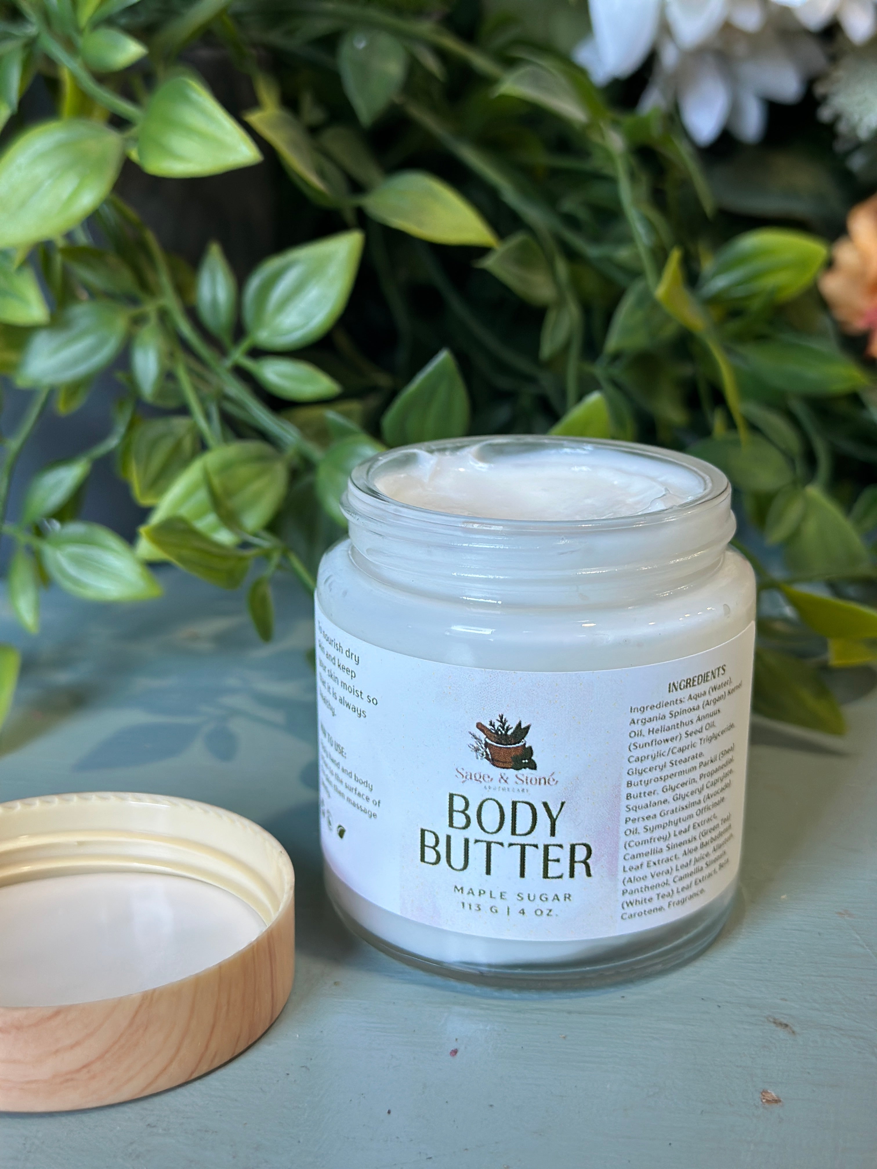 Sage & Stone Apothecary Maple Sugar Body Butter jar showing creamy, rich body moisturizer with maple sugar scent.