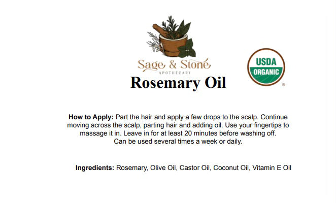Sage & Stone Apothecary rosemary oil bottle for body care and wellness, with a dropper cap and fresh rosemary sprigs.
