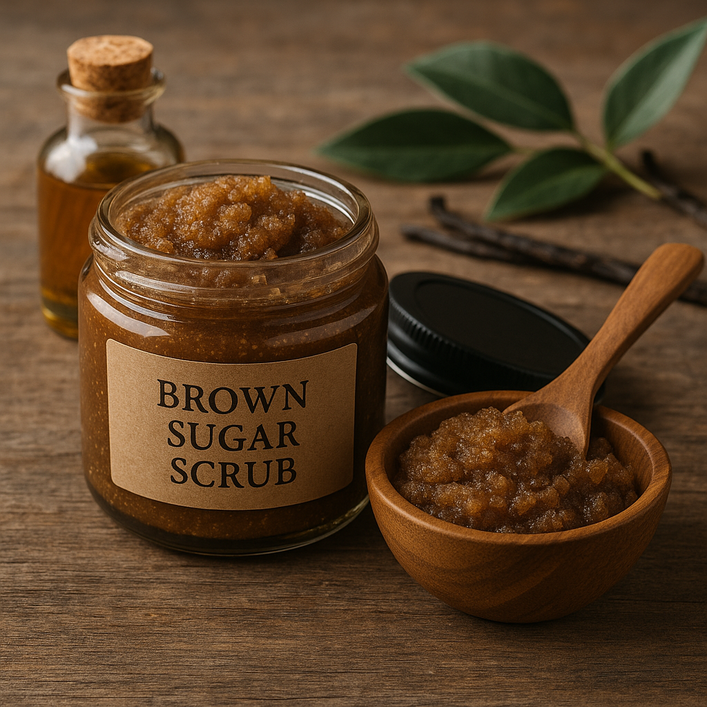 Sage & Stone Apothecary exfoliating brown sugar scrub in a jar, showing textured brown sugar and natural ingredients for body care.