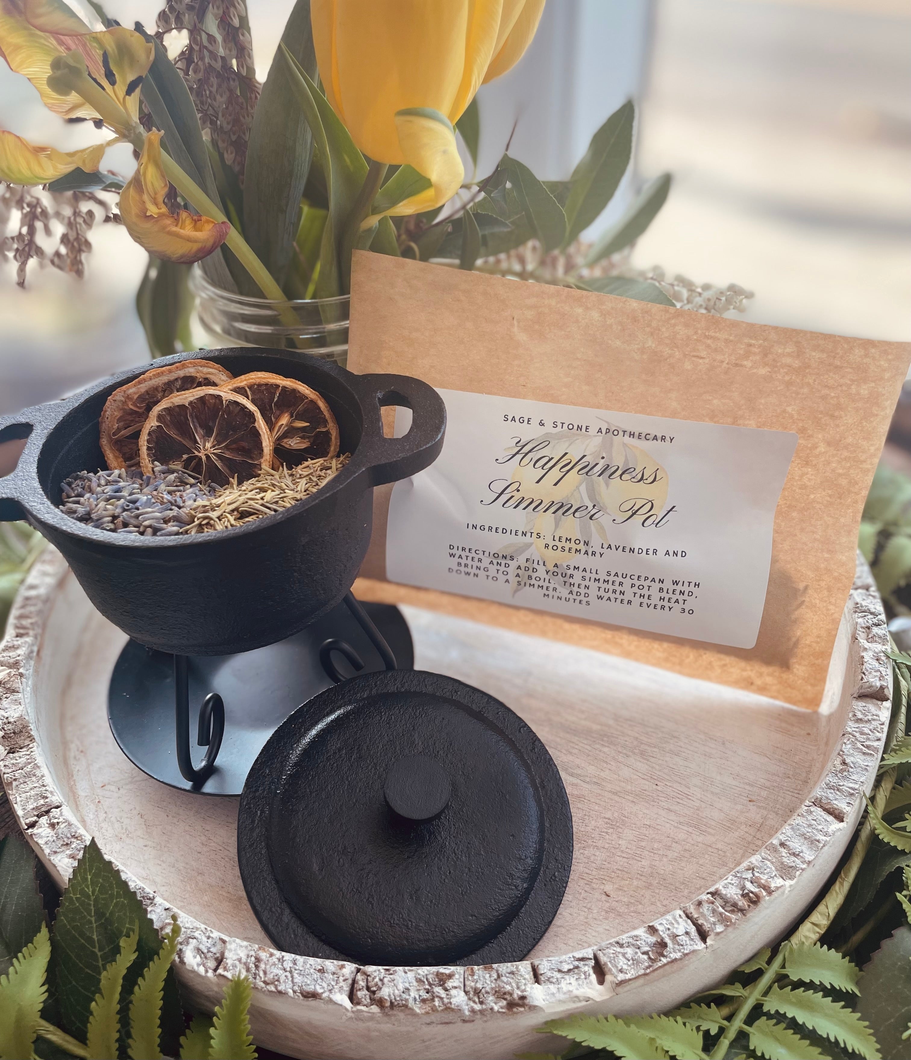 Happiness Simmer Pot Blend by Sage & Stone Apothecary, aromatic dried herbs and botanicals for simmering fragrances.