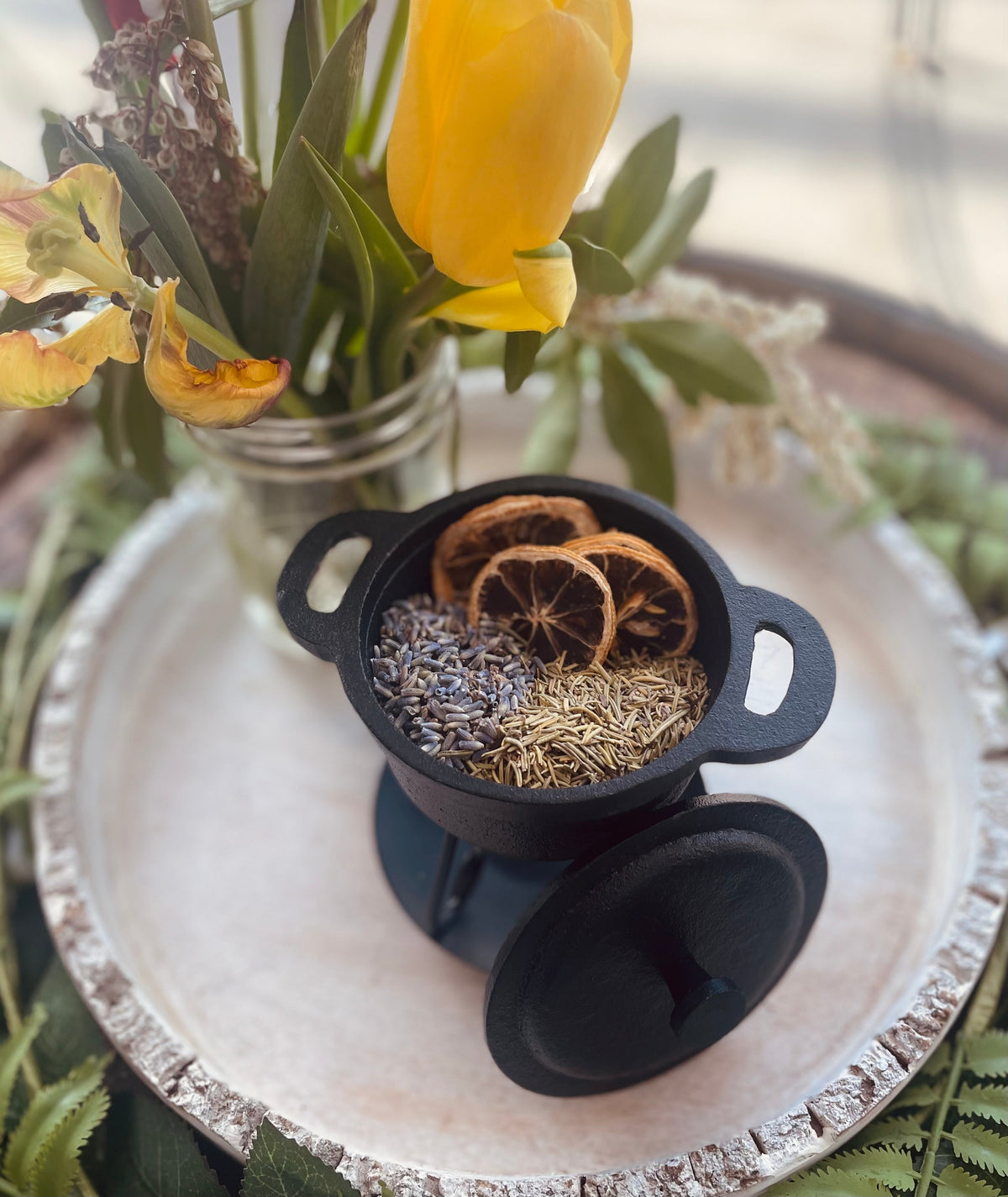 Sage & Stone Apothecary Happiness Simmer Pot Blend in a jar, with dried herbs and botanicals for aromatic home scenting.