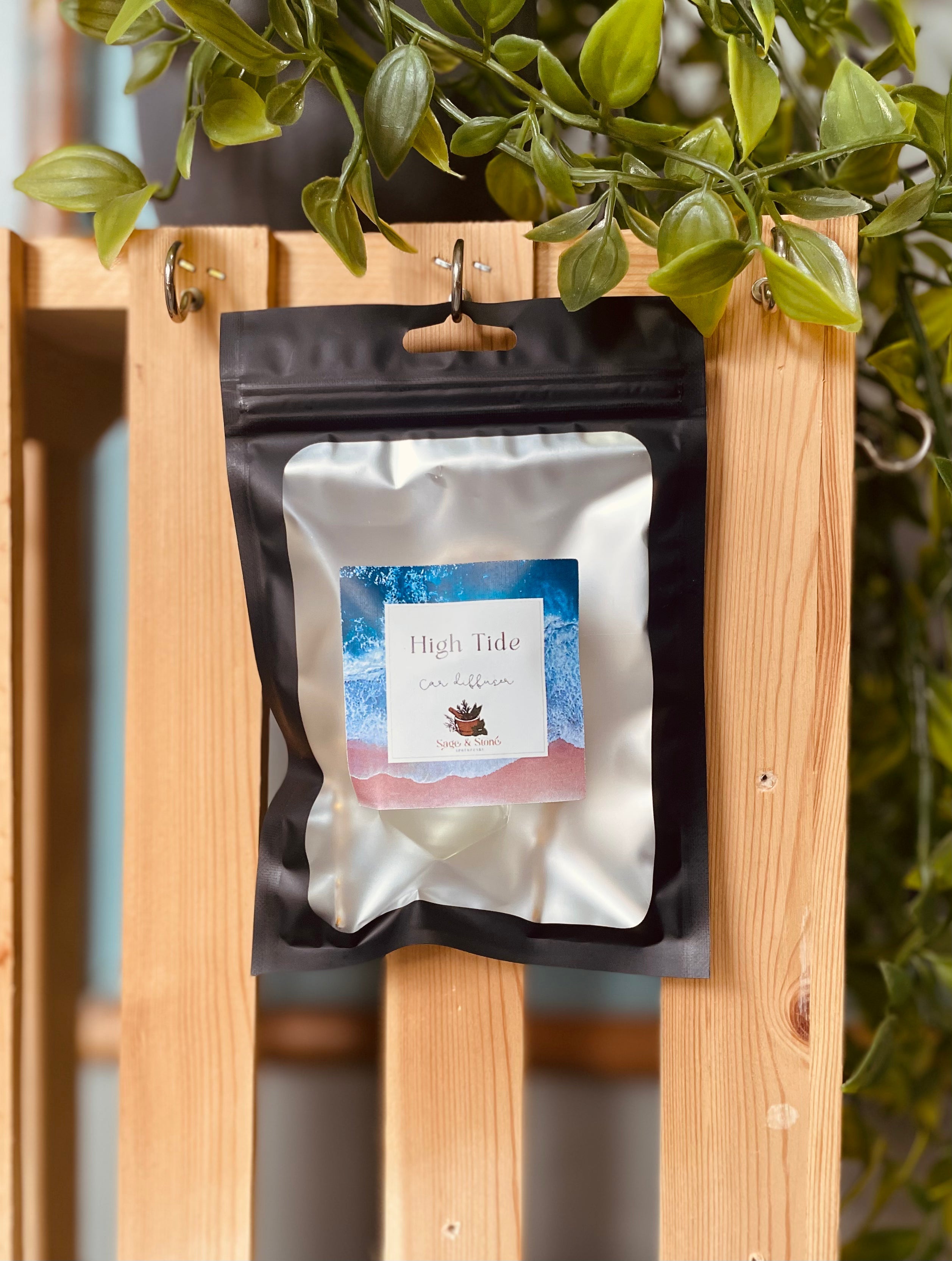 Sage & Stone Apothecary High Tide car diffuser with wooden and ceramic design, displaying the diffuser and essential oil bottles.