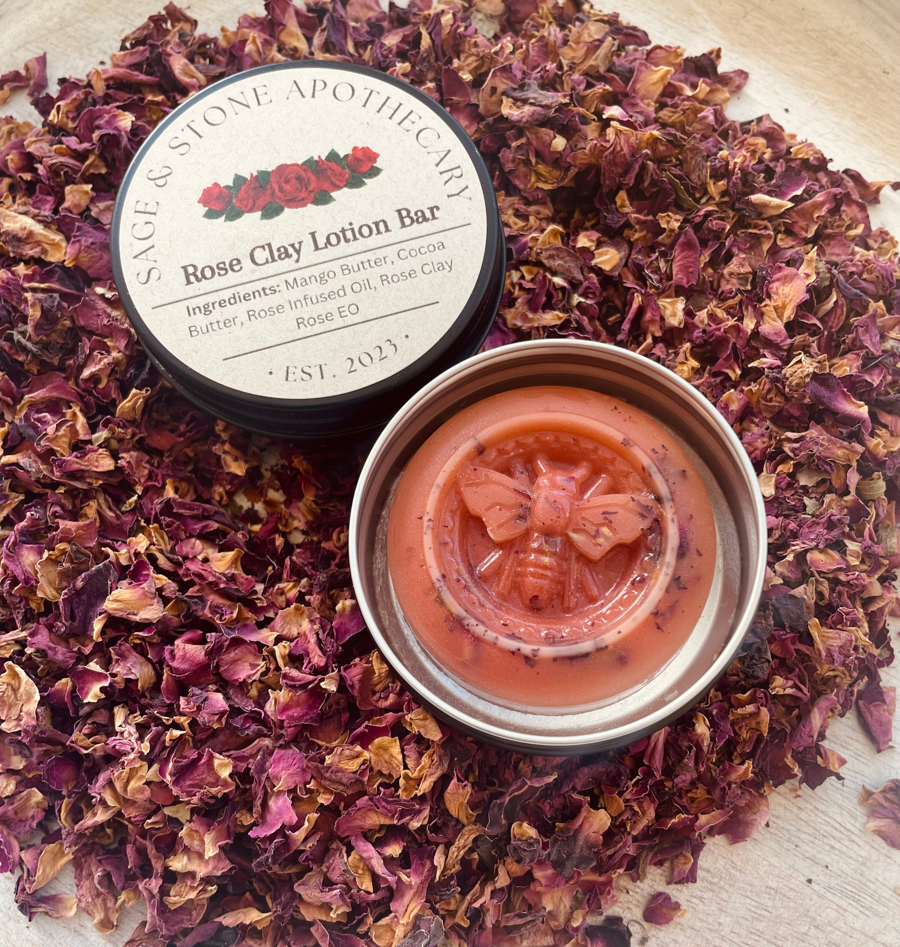 Rose clay lotion bar by Sage & Stone Apothecary, showing a natural, solid skincare product with rose clay ingredients.