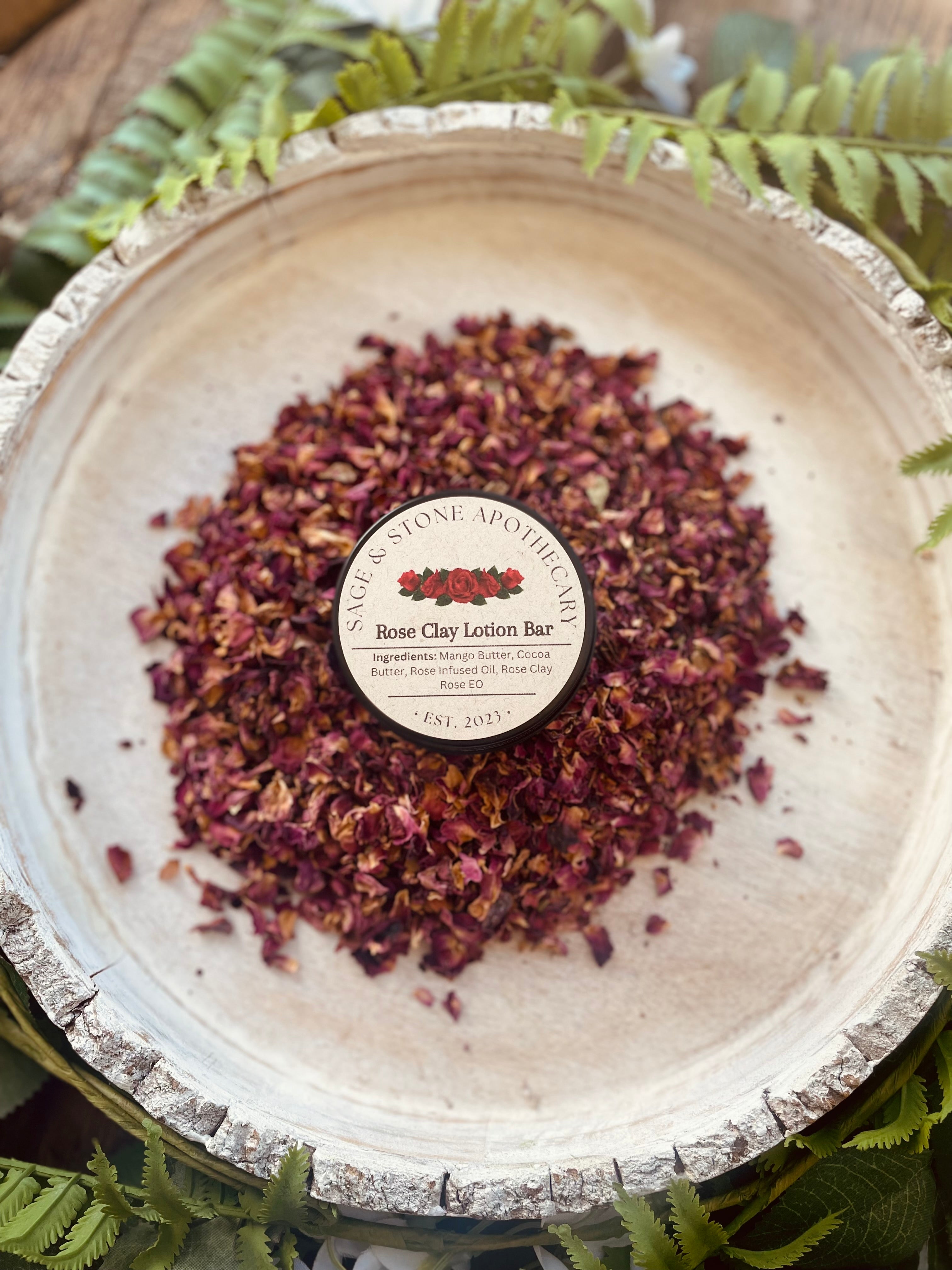 Rose clay lotion bar by Sage & Stone Apothecary, featuring a smooth, rounded skincare product with a rose scent and natural clay ingredients.