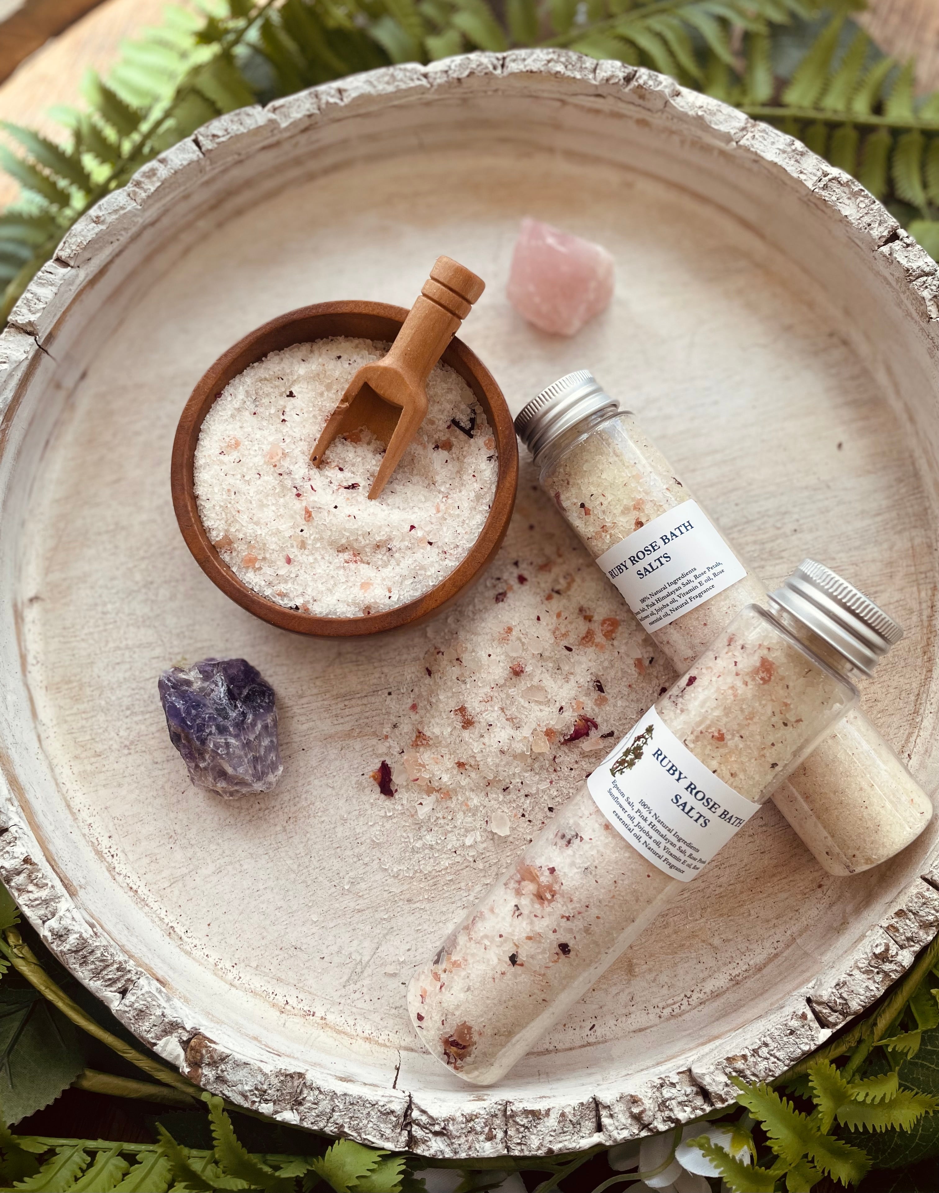 Set of Ruby Rose bath salt tubes by Sage & Stone Apothecary, featuring colorful, aromatic bath salts in sleek packaging.
