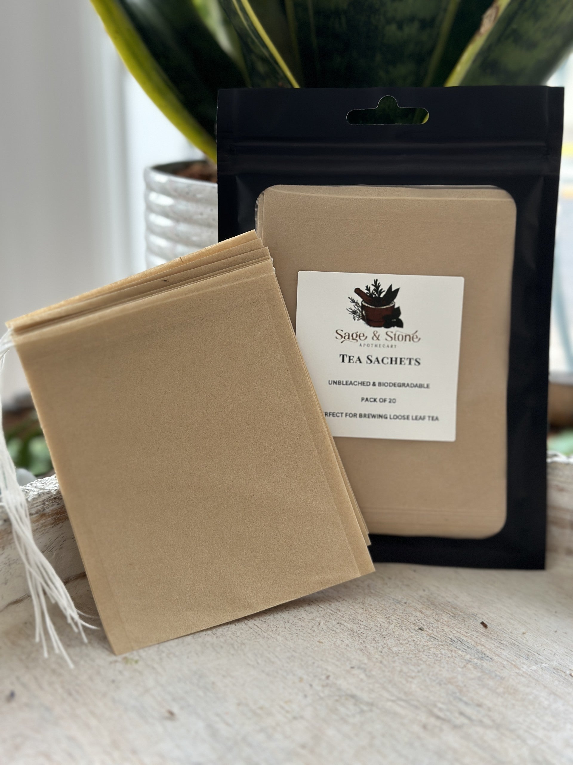 Biodegradable loose leaf tea sachets from Sage & Stone Apothecary, eco-friendly tea bags for fresh brewing.