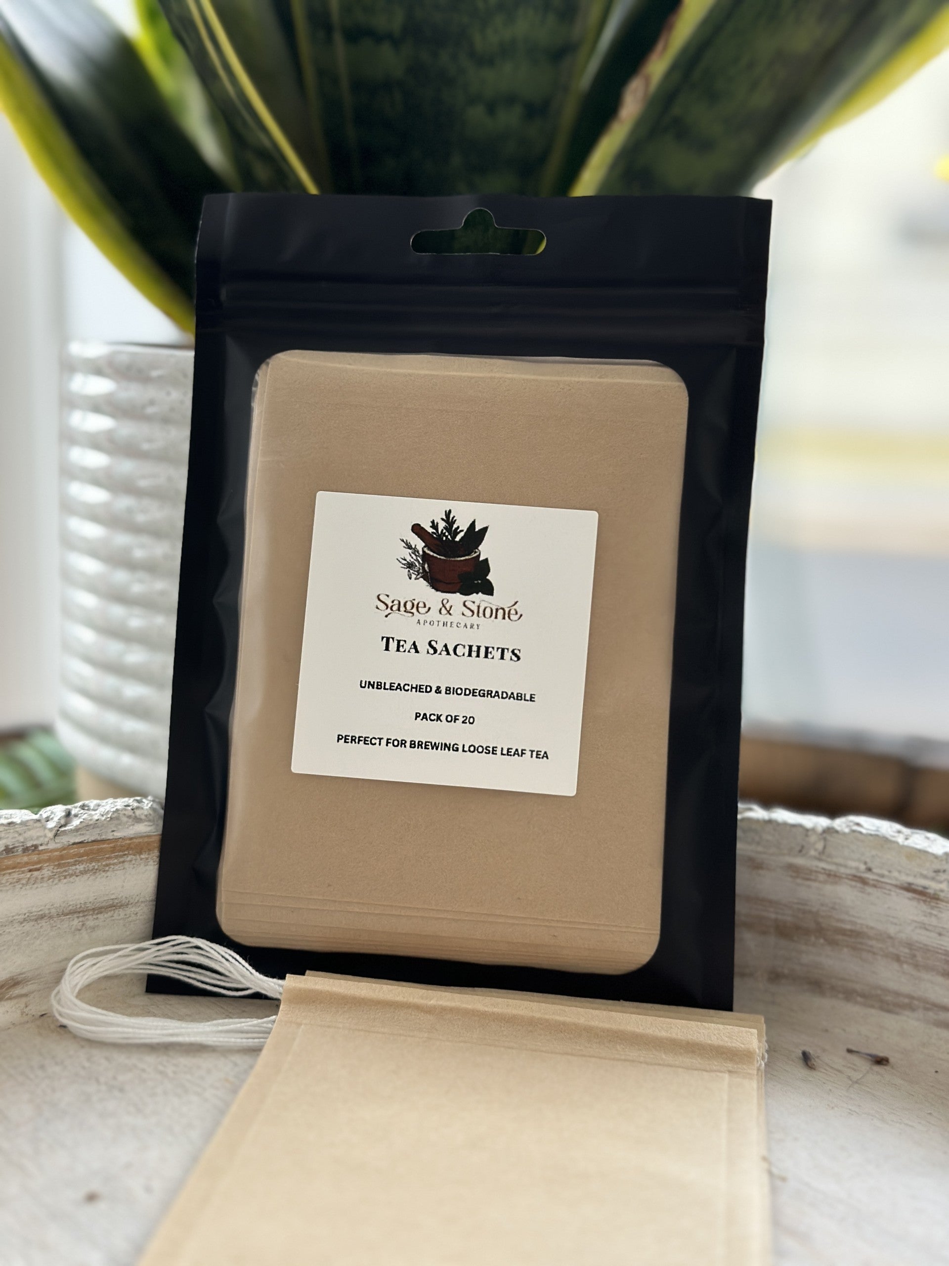 Biodegradable loose leaf tea sachets from Sage & Stone Apothecary, eco-friendly tea bags for brewing natural herbal teas.