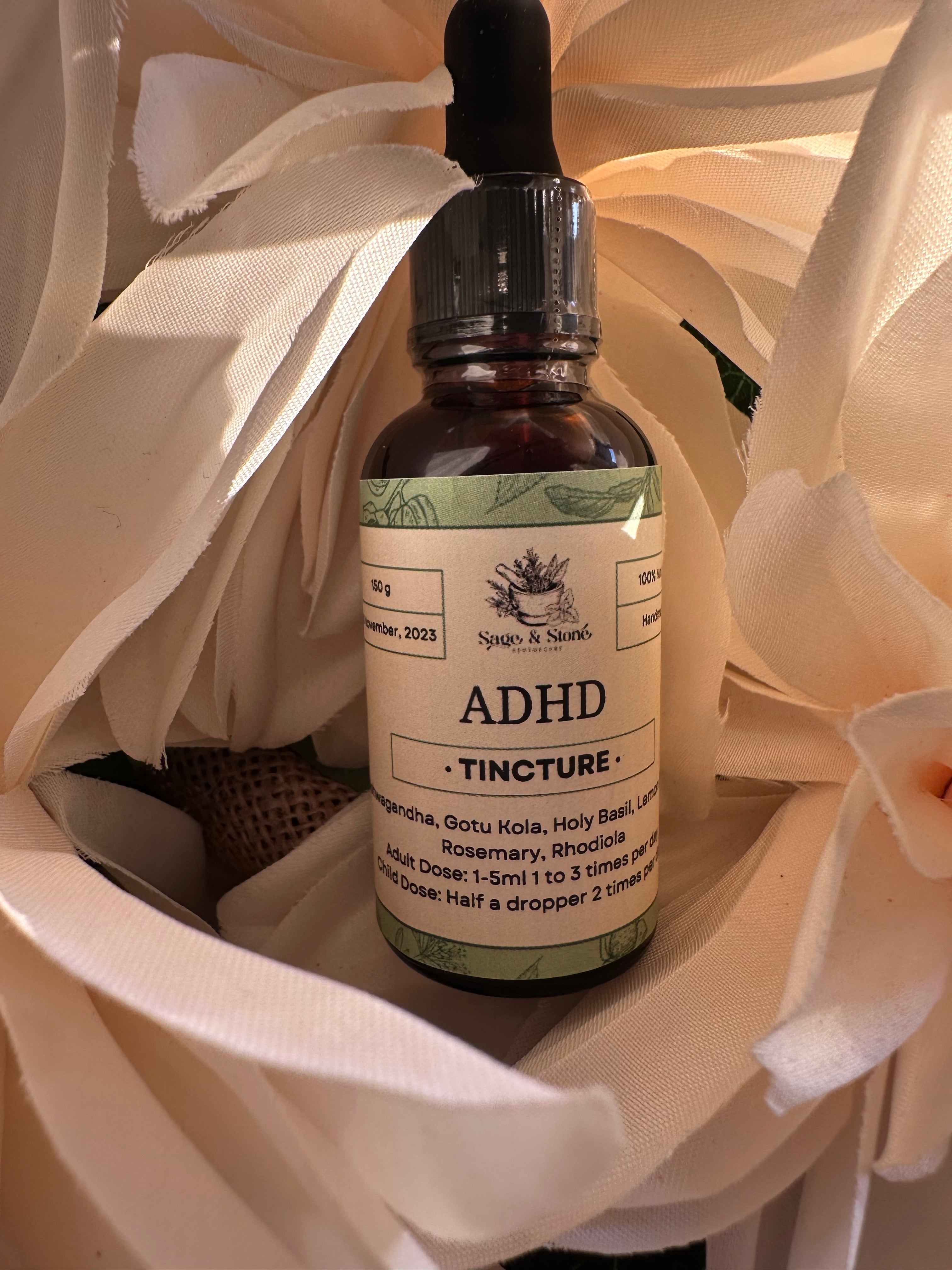 Herbs ADHD tincture bottle from Sage & Stone Apothecary with dropper cap, labeled for natural health support.