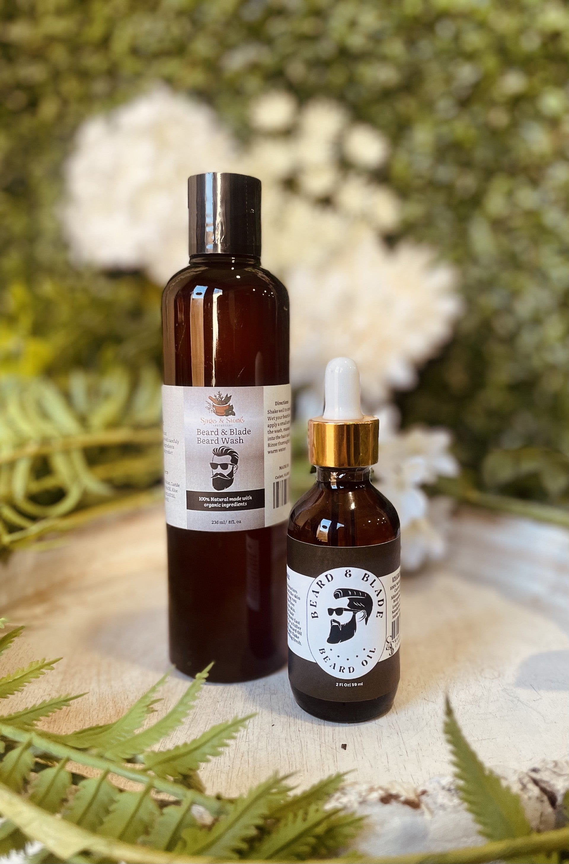 Sage & Stone Apothecary Beard & Blade Beard Oil bottle with dropper, designed for men with a natural, nourishing formula.