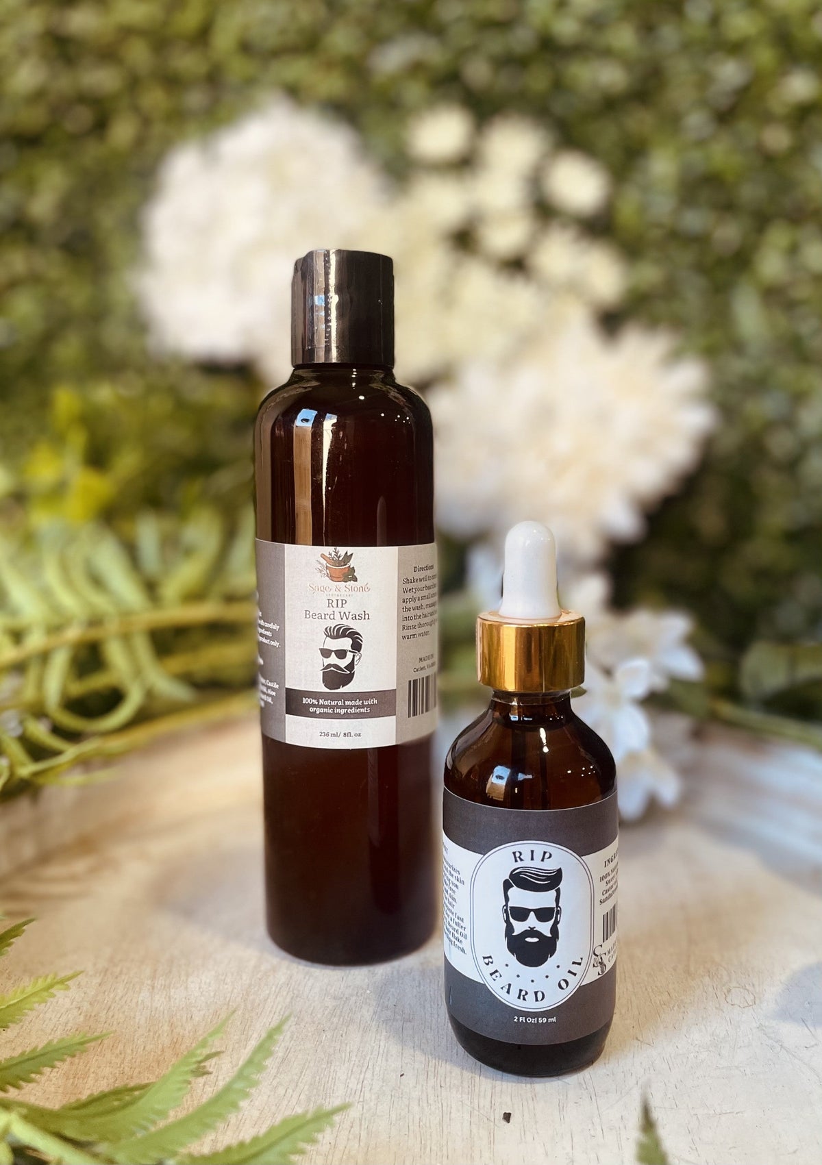 Men's RIP Beard Wash and Beard Oil from Sage & Stone Apothecary, featuring a bottle of beard wash and oil with natural ingredients.