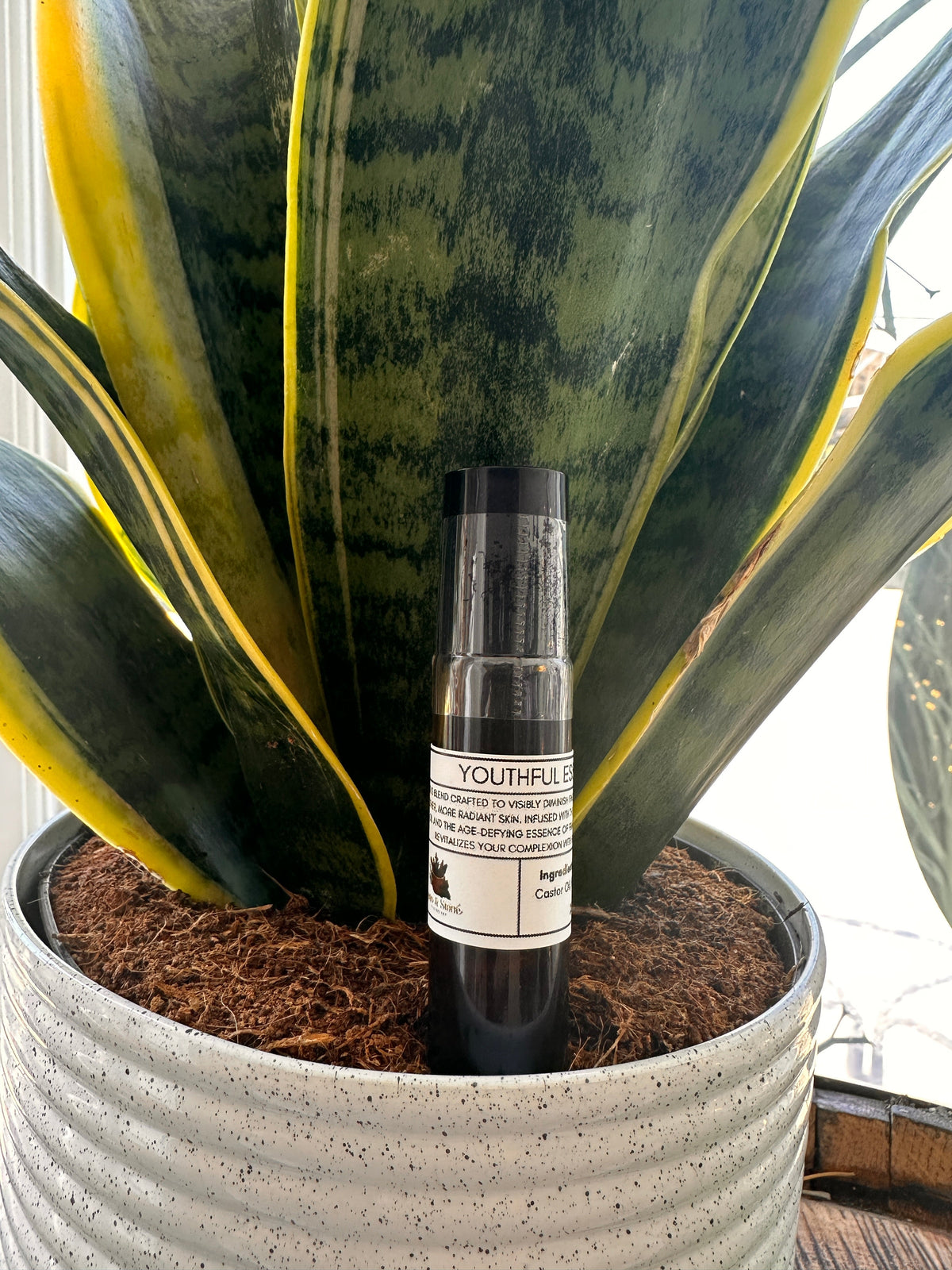 Sage & Stone Apothecary Youthful Essence Roll-On in a clear glass bottle with a rollerball applicator for personal care and wellness.