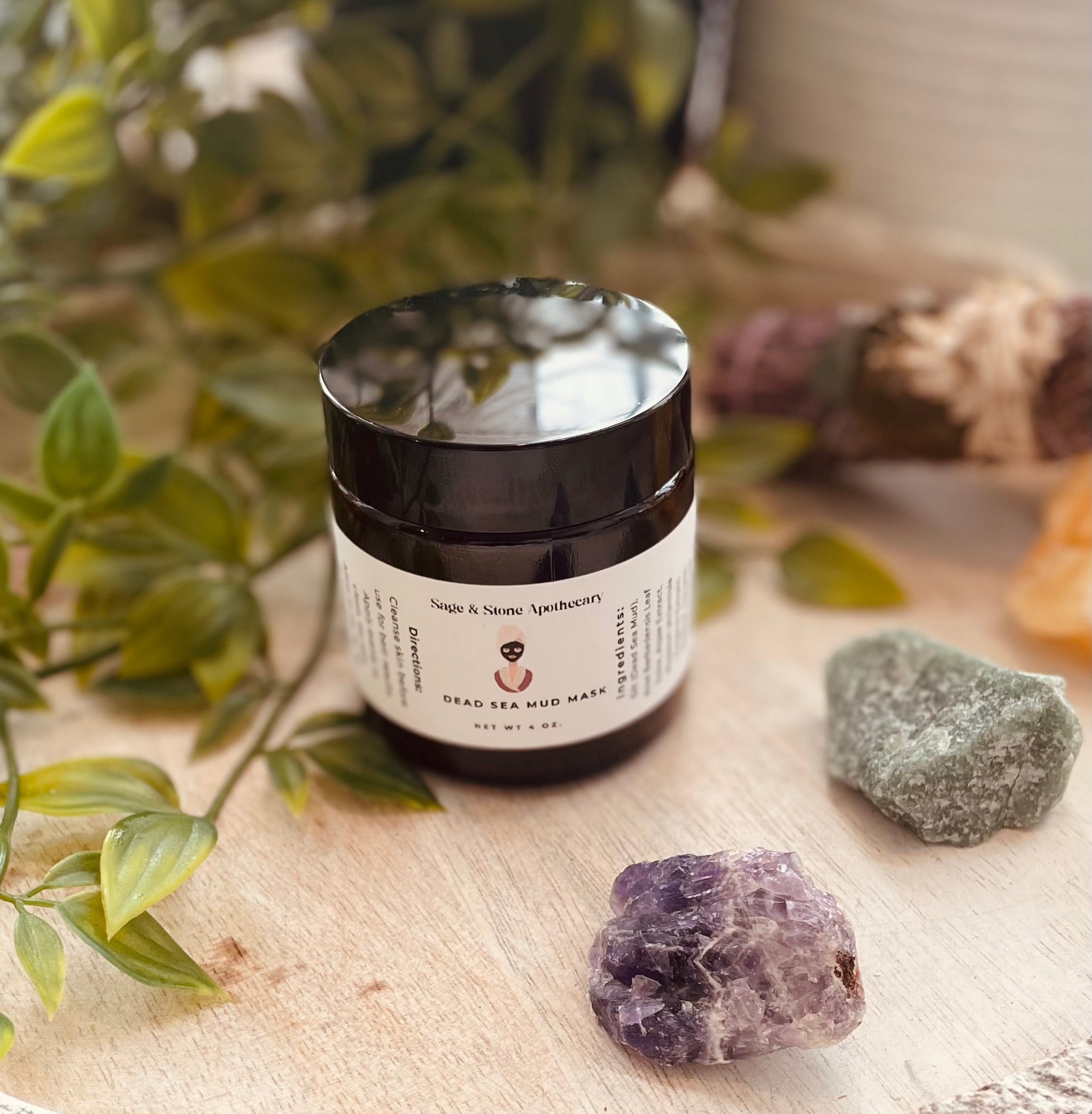 Sage & Stone Apothecary Dead Sea Black Mud Mask in a jar, showcasing the dark, rich mud for facial skincare and wellness.