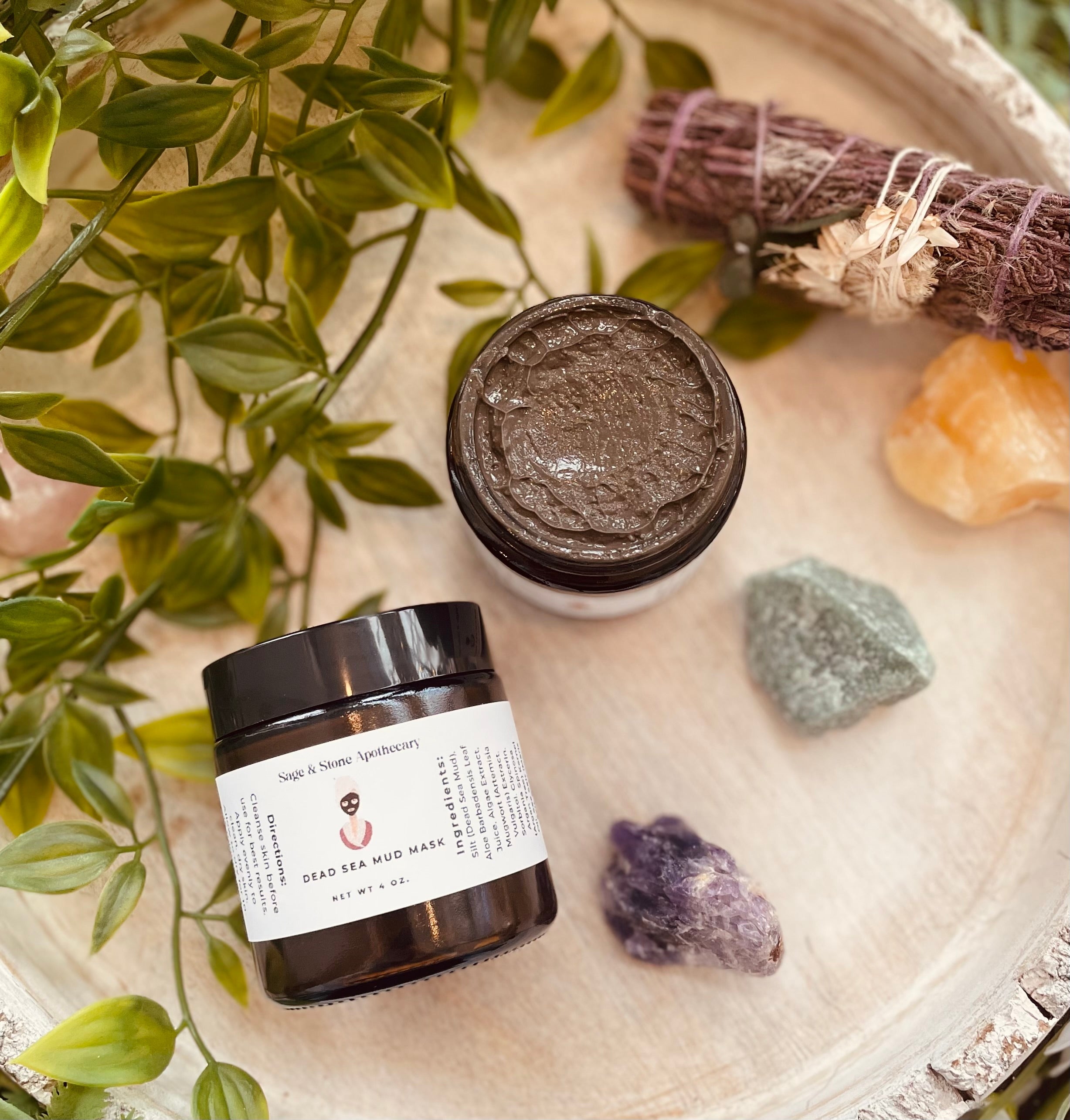 Sage & Stone Apothecary Dead Sea Black Mud Mask in a jar, showing the dark, smooth clay mask for skin detox and cleansing.