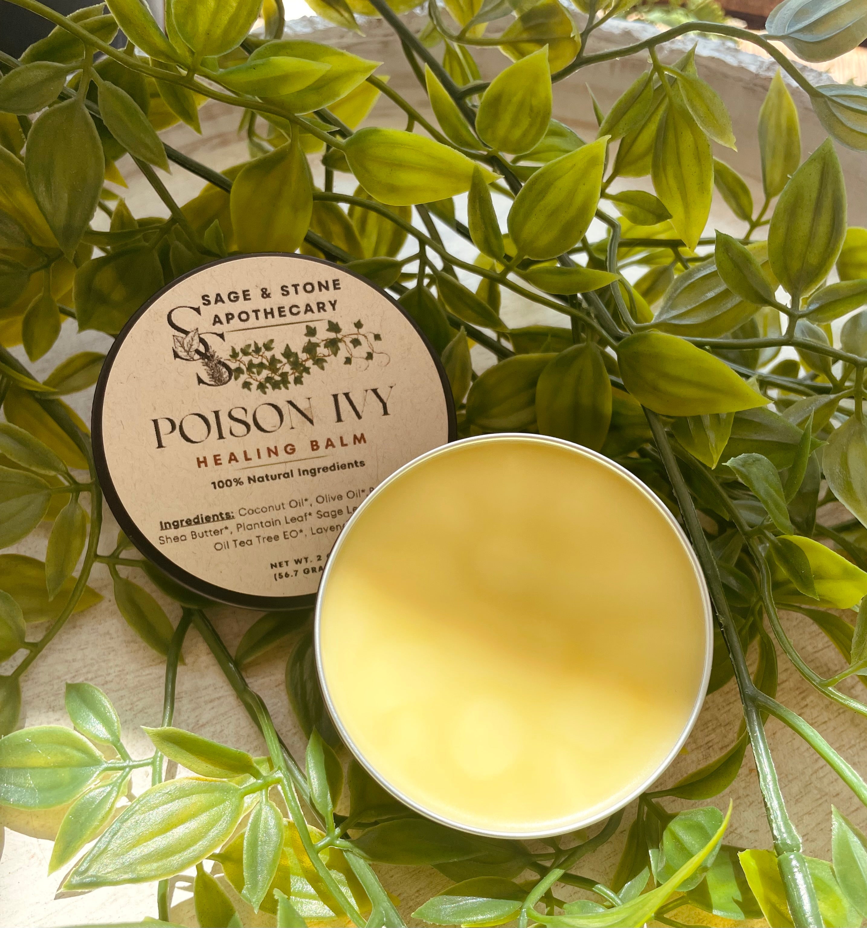 Sage & Stone Apothecary Poison Ivy Healing Balm jar with label, natural personal care product for skin relief and wellness.