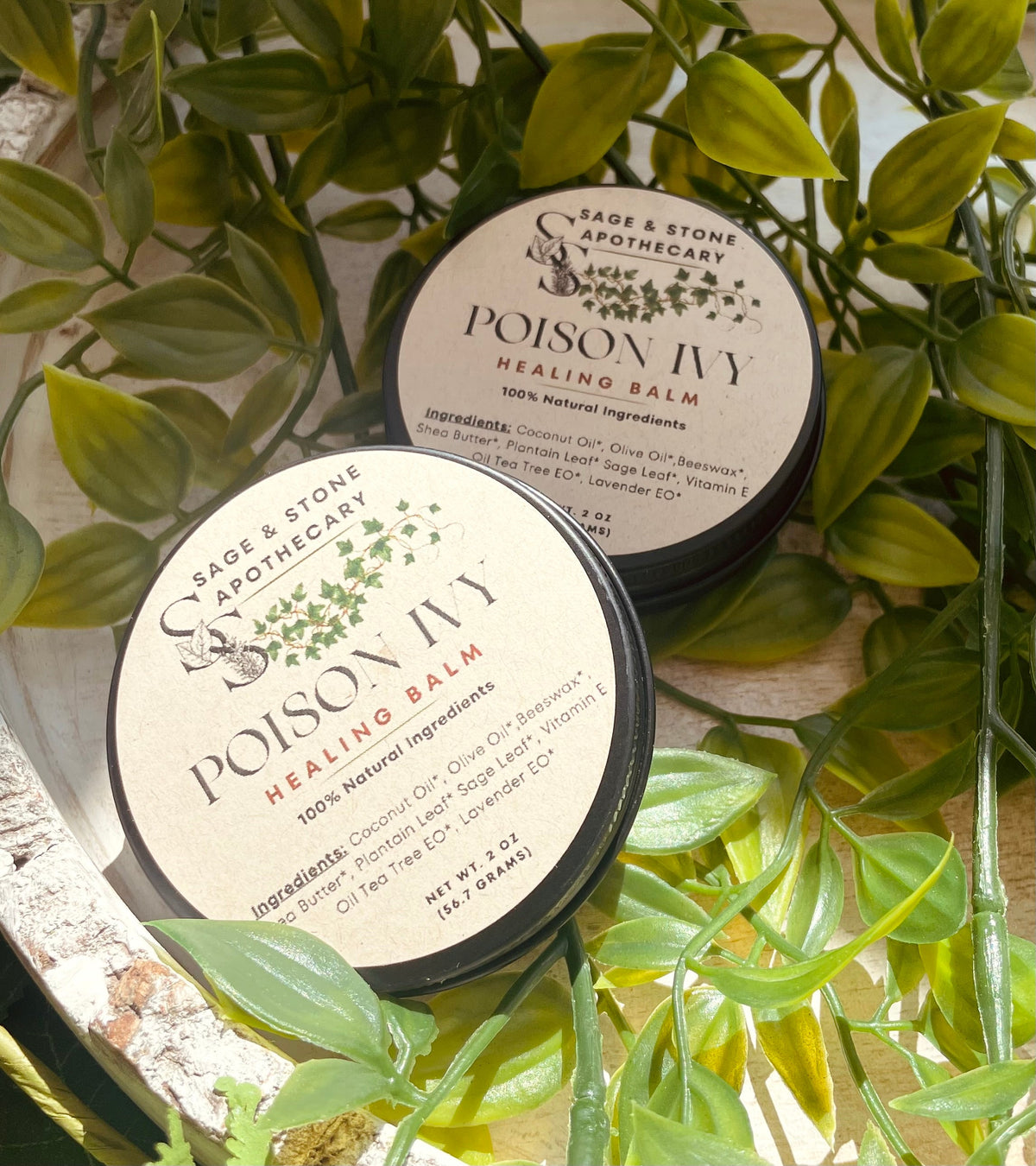 Sage & Stone Apothecary Poison Ivy Healing Balm in a jar, natural herbal remedy for skin irritation and itching relief.