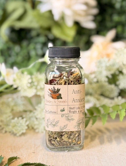 Sage & Stone Apothecary anti-anxiety herbal tea in a 4 oz package, featuring a calming blend of natural ingredients.