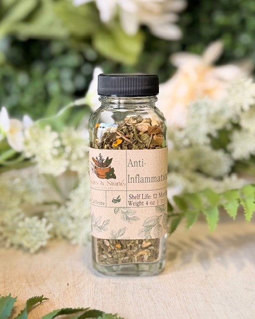 Sage & Stone Apothecary anti-inflammation tea in a 4 oz package, featuring herbal blend in a clear container.