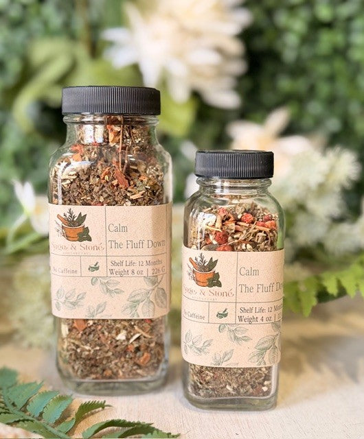 Sage & Stone Apothecary Calm the Fluff Down tea in a box with tea bags and packaging, promoting relaxation and calmness.