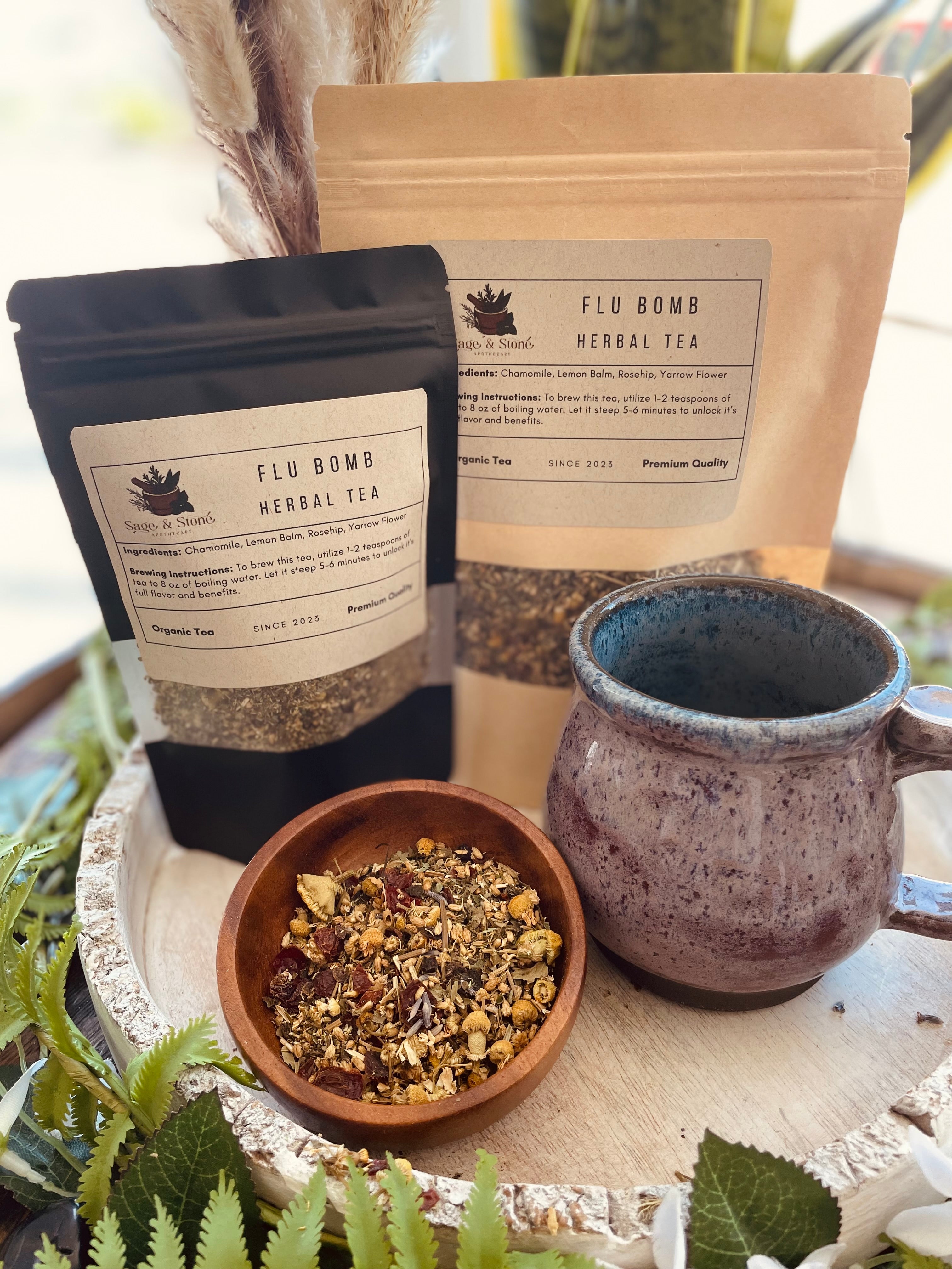 Sage & Stone Apothecary Cold Defender tea in a glass cup, featuring herbal ingredients and a warm, soothing appearance.