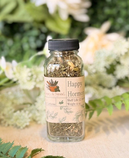 Sage & Stone Apothecary Happy Hormone Balance Tea in a 4 oz package, featuring herbal tea leaves for hormonal support.