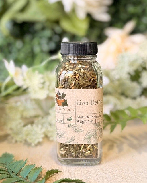 Sage & Stone Apothecary Liver Detox Blend tea in a 4 oz package with dried herbal ingredients for cleansing and liver support.