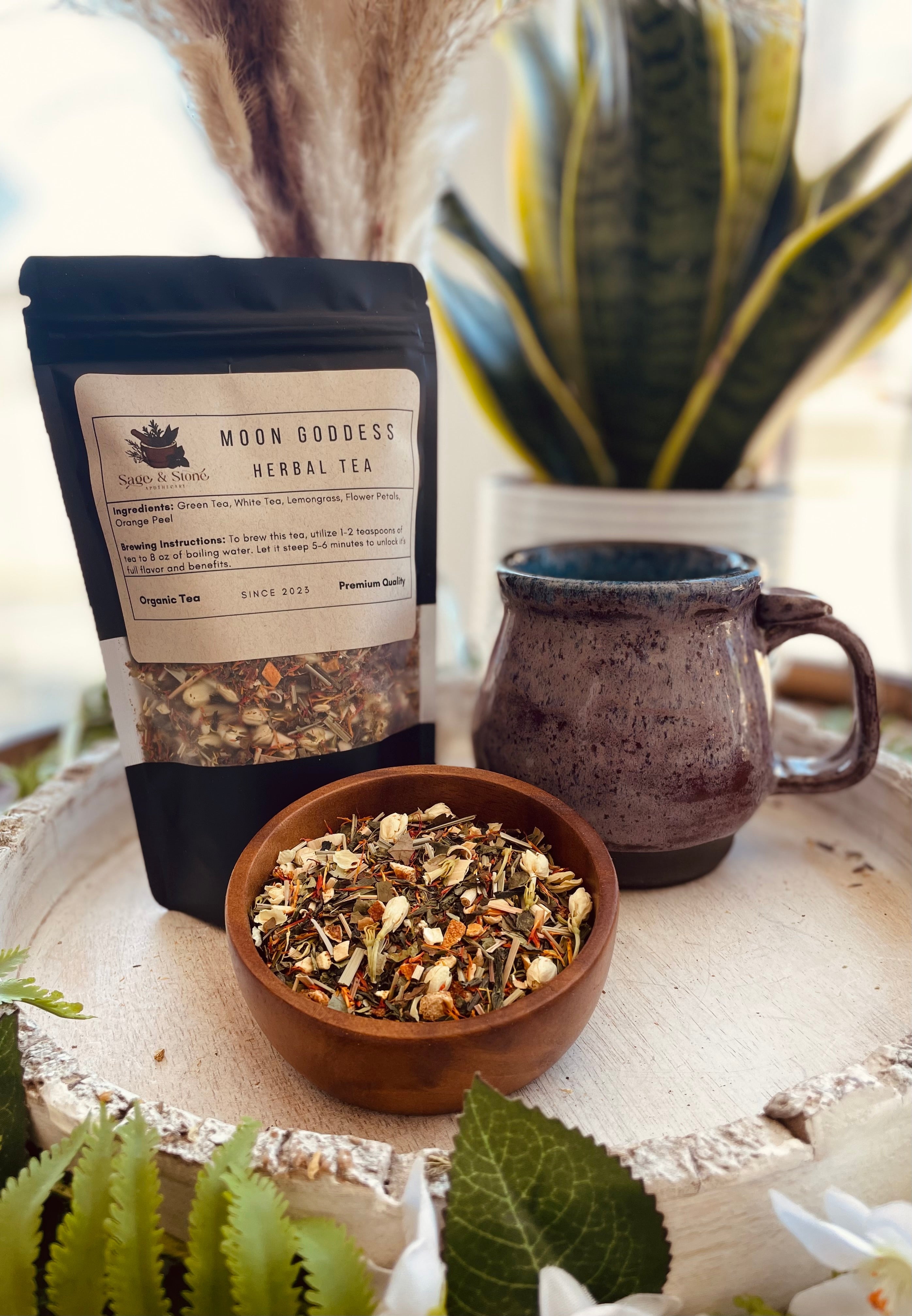Sage & Stone Apothecary Moon Goddess Herbal Tea in a 1.5 oz bag, featuring calming herbal blend with moon-themed packaging.