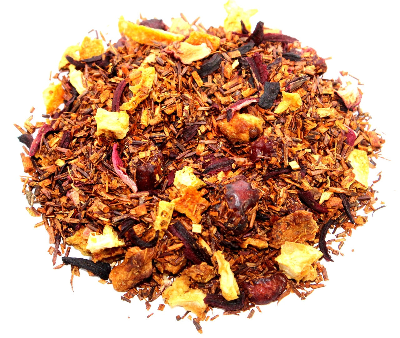 Sage & Stone Cran-Orange Vanilla Tea in a clear jar with loose tea leaves and dried fruit, showcasing a flavorful herbal tea blend.