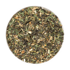 Sage & Stone Apothecary PCOS Blend herbal tea in a clear glass cup, showcasing the tea's light herbal infusion.