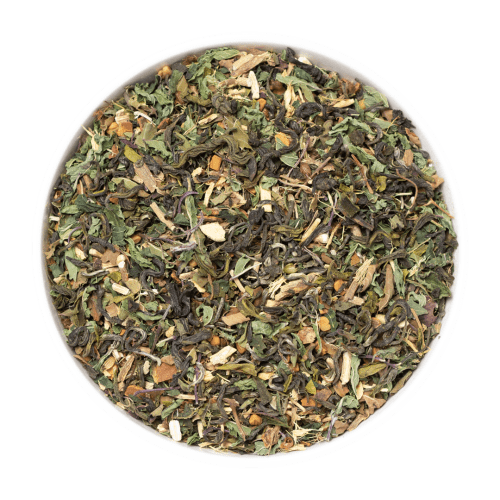 Sage & Stone Apothecary PCOS Blend herbal tea in a clear glass cup, showcasing the tea's light herbal infusion.
