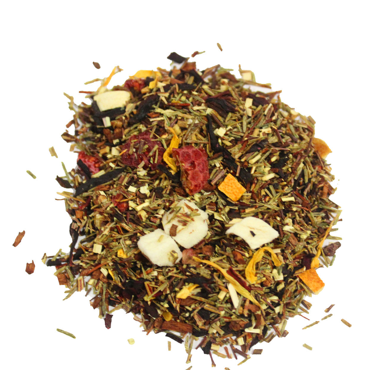 Glass cup of Peach Raspberry Punch tea from Sage & Stone Apothecary with fresh peach and raspberry slices visible inside.