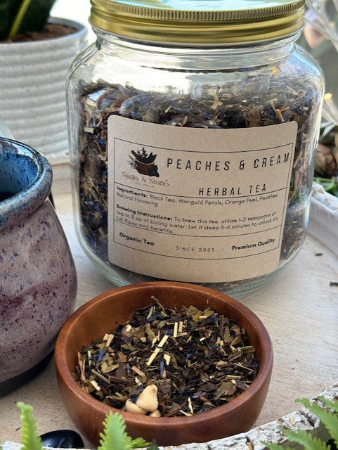 Sage & Stone Apothecary Peaches & Cream tea in a 1.5 oz package, featuring fresh peach and creamy tea blend.