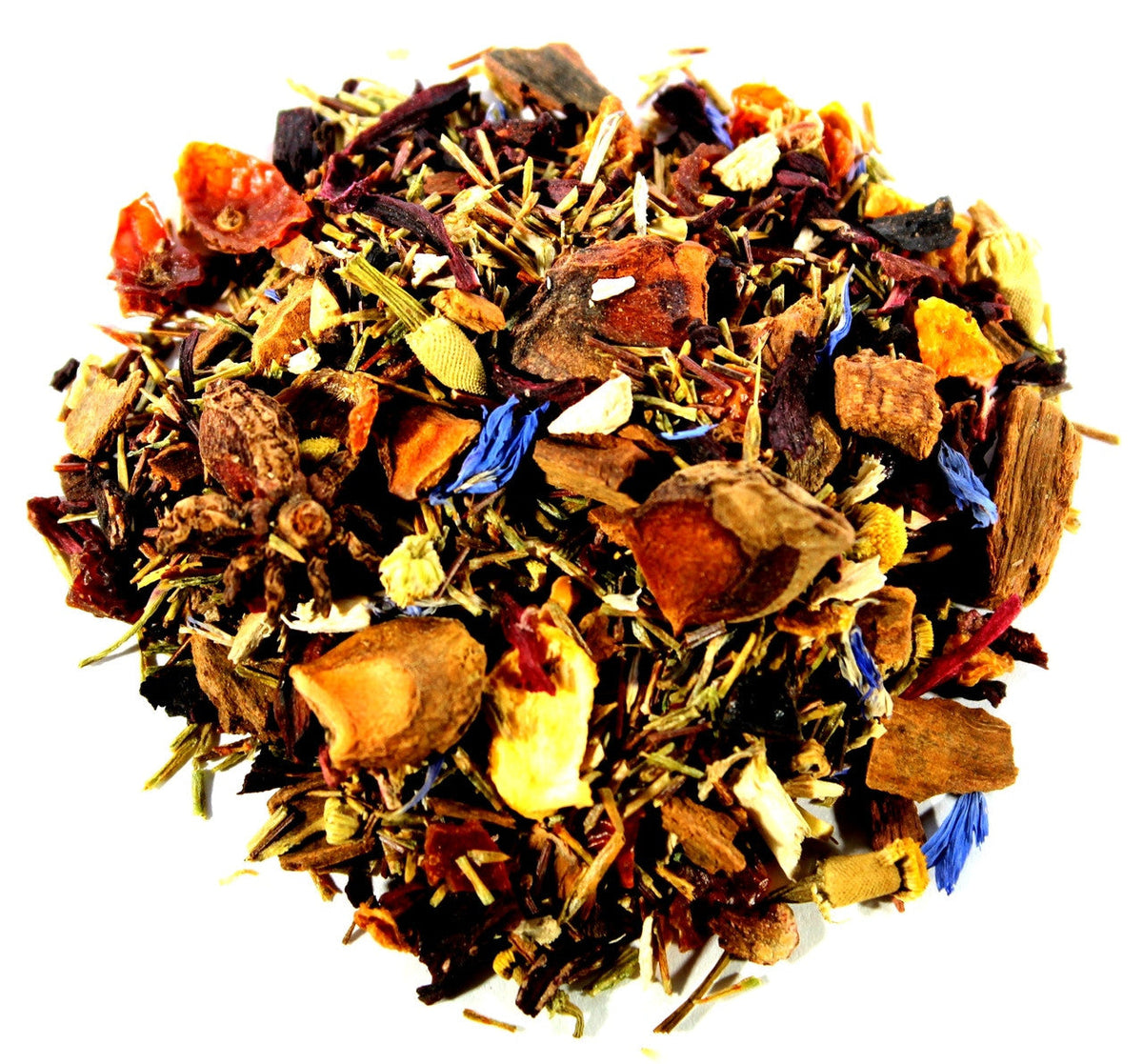 A cup of Sage & Stone Apothecary Spiced Pear tea with tea leaves and spices on a rustic wooden table.