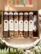 Assorted tea sampler set from Sage & Stone Apothecary featuring a variety of tea and infusion blends in a gift-ready box.