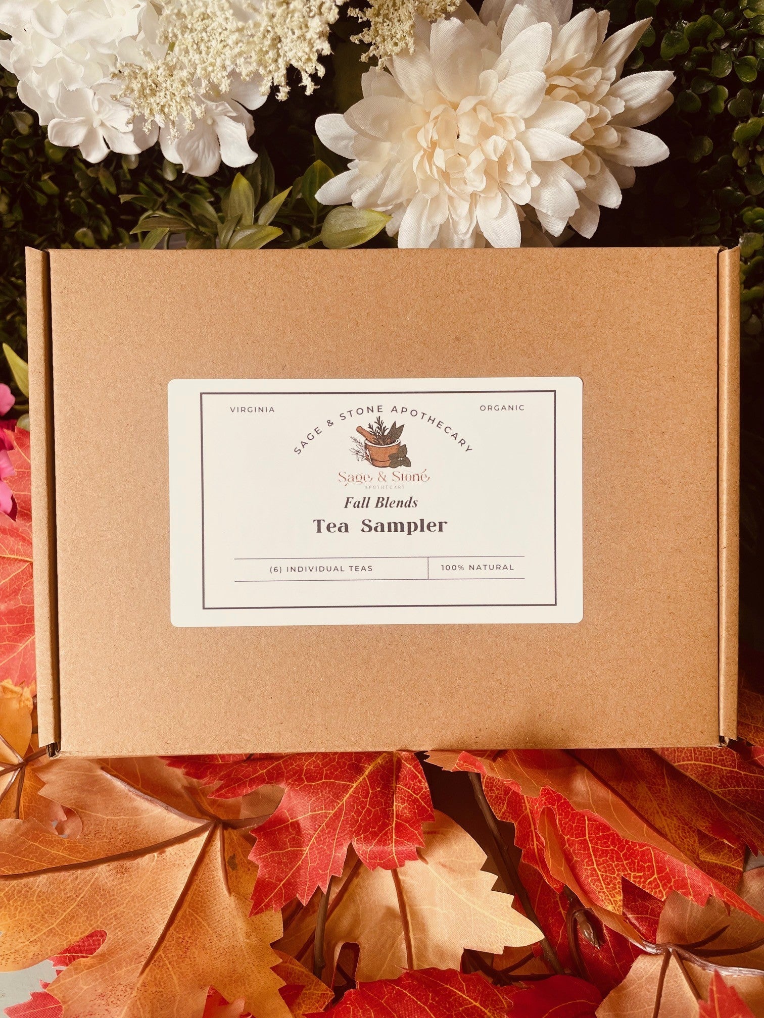 Assorted tea sampler sets with fall-inspired blends from Sage & Stone Apothecary, featuring various herbal and infusion teas.