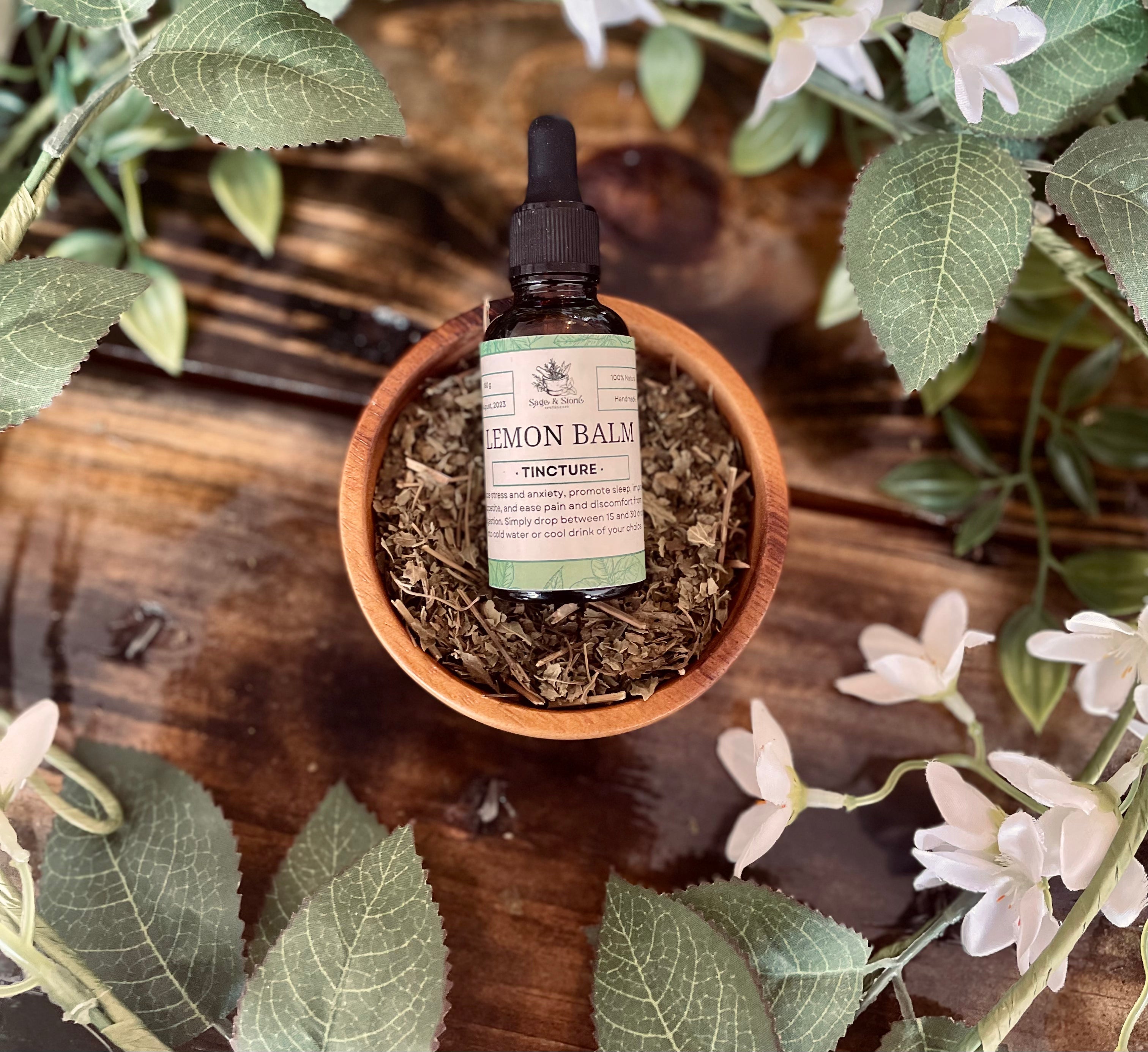 Sage & Stone Apothecary Lemon Balm Tincture 1 oz bottle, amber glass with dropper cap, herbal tincture for calming and relaxation.