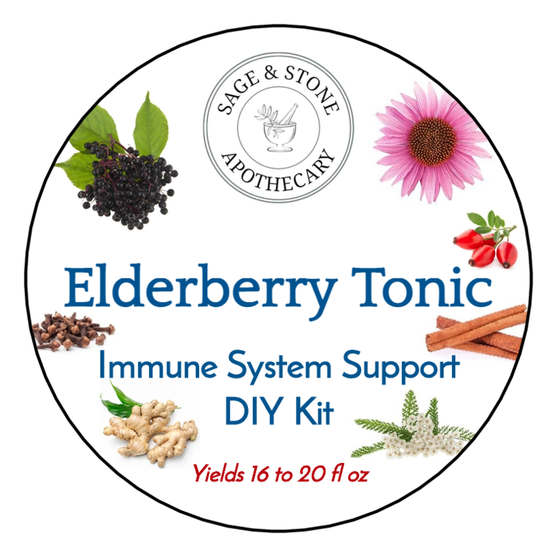 Bag of Elderberry Tonic DIY wellness kit by Sage & Stone Apothecary, featuring dried elderberries and ingredients for homemade tonic.