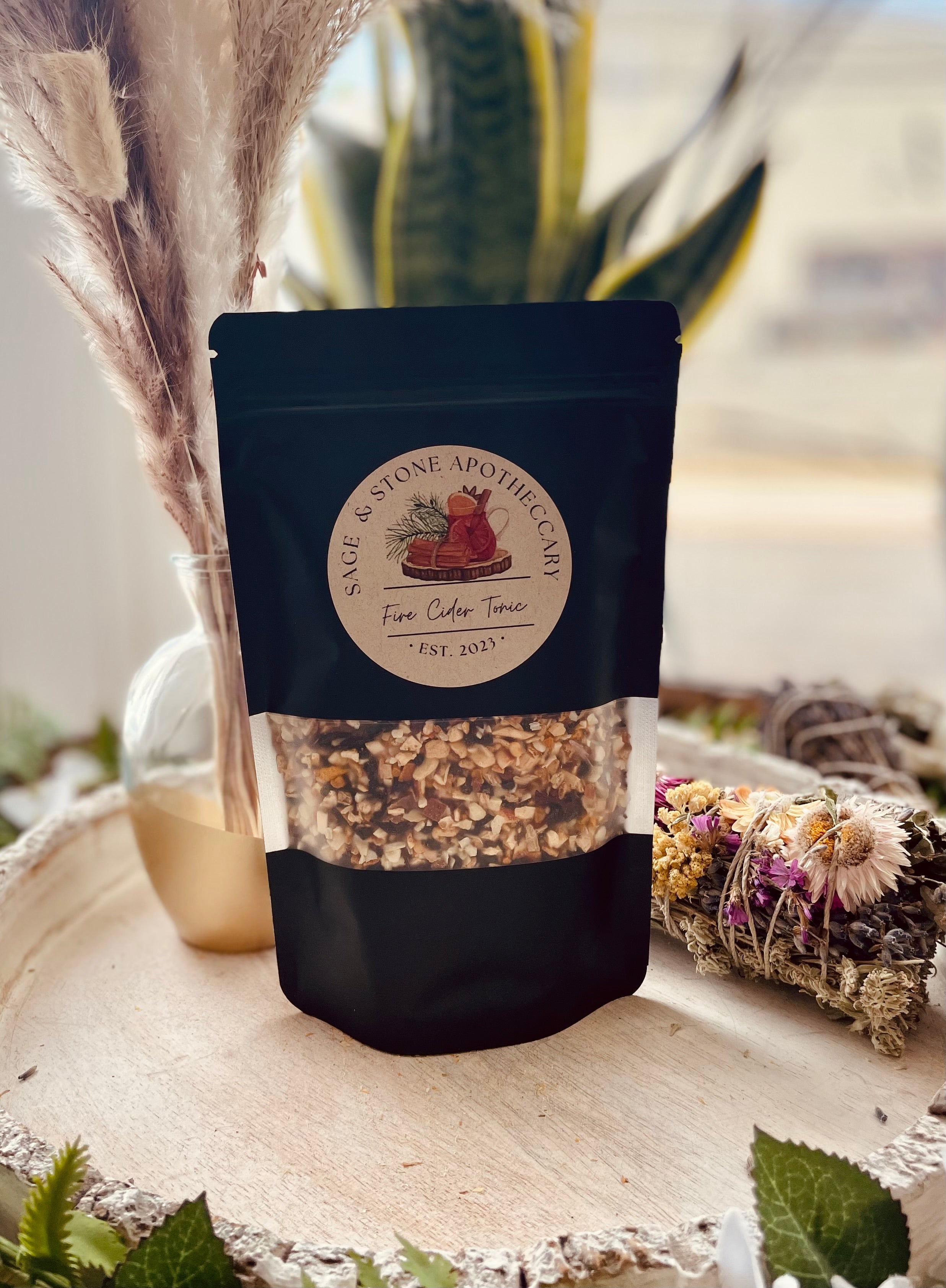 Sage & Stone Apothecary Fire Cider Tonic DIY kit with bottles, ingredients, and instructions for immune support wellness.