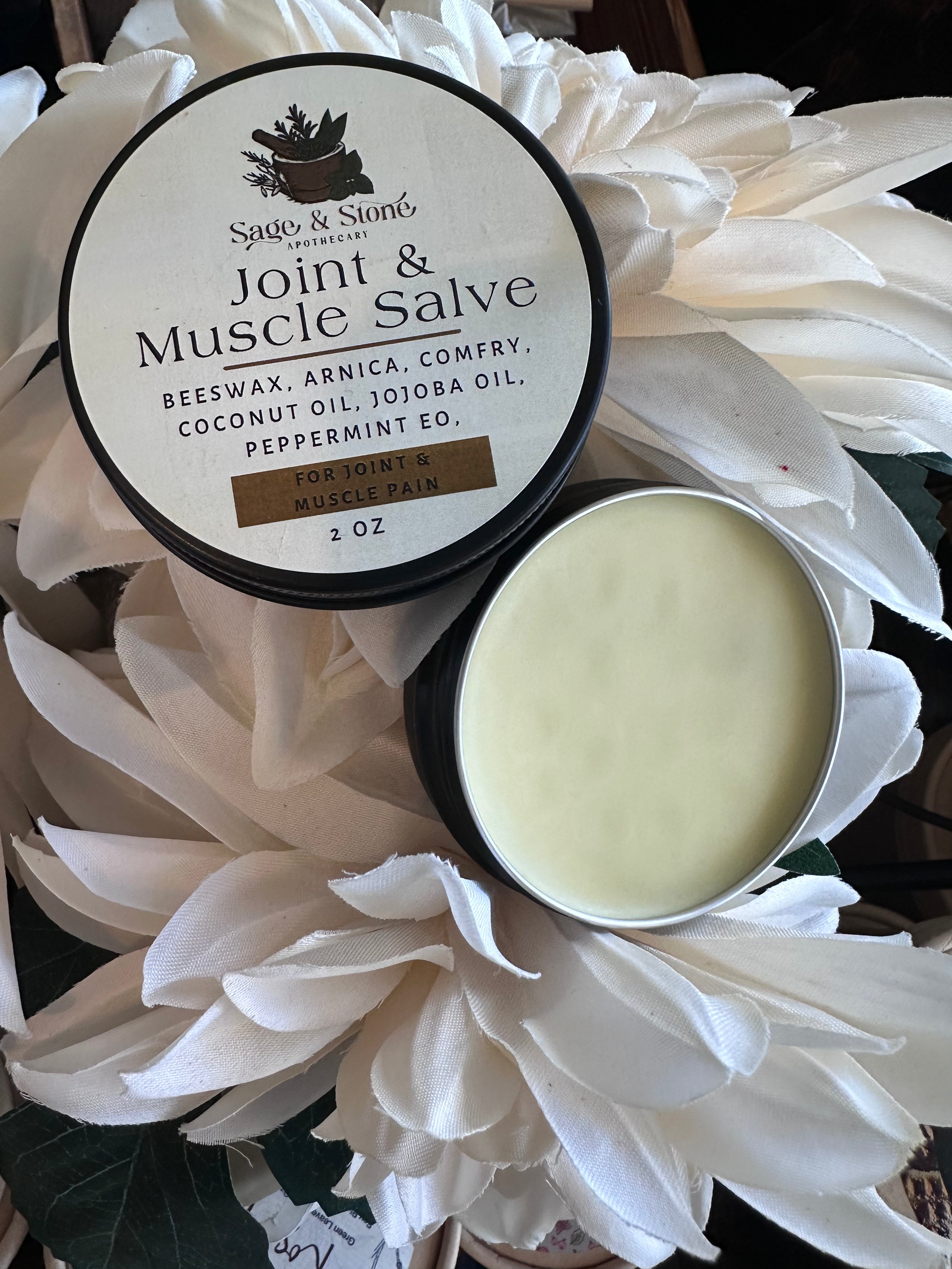 Sage & Stone Apothecary Joint & Muscle Salve in a jar, natural wellness product for soothing sore muscles and joint discomfort.