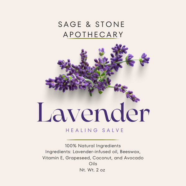 Lavender Healing Balm from Sage & Stone Apothecary, natural wellness balm in a small jar with a lavender flower on top.