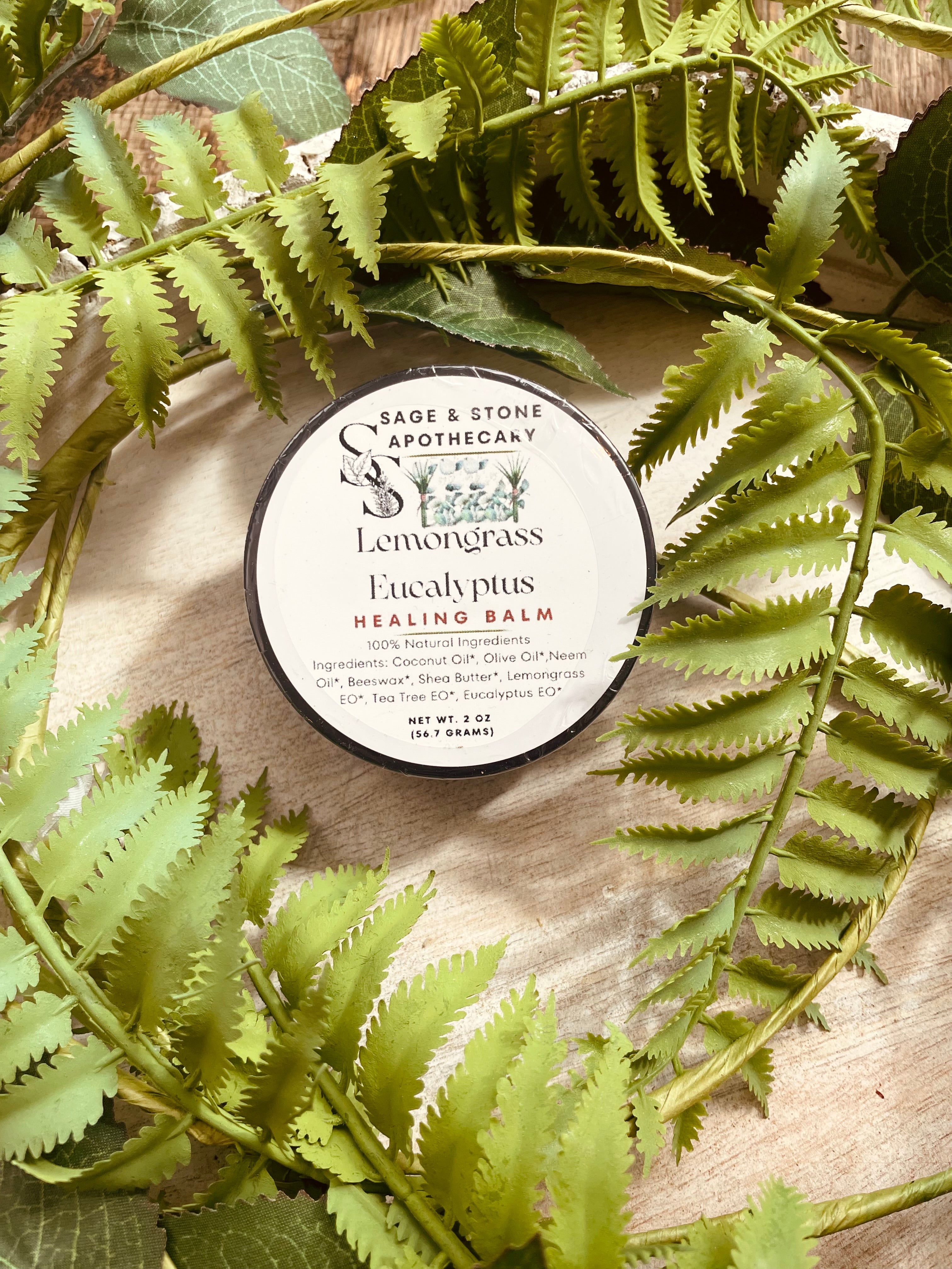 Lemongrass Eucalyptus Healing Balm by Sage & Stone Apothecary, natural wellness balm with lemongrass and eucalyptus essential oils.