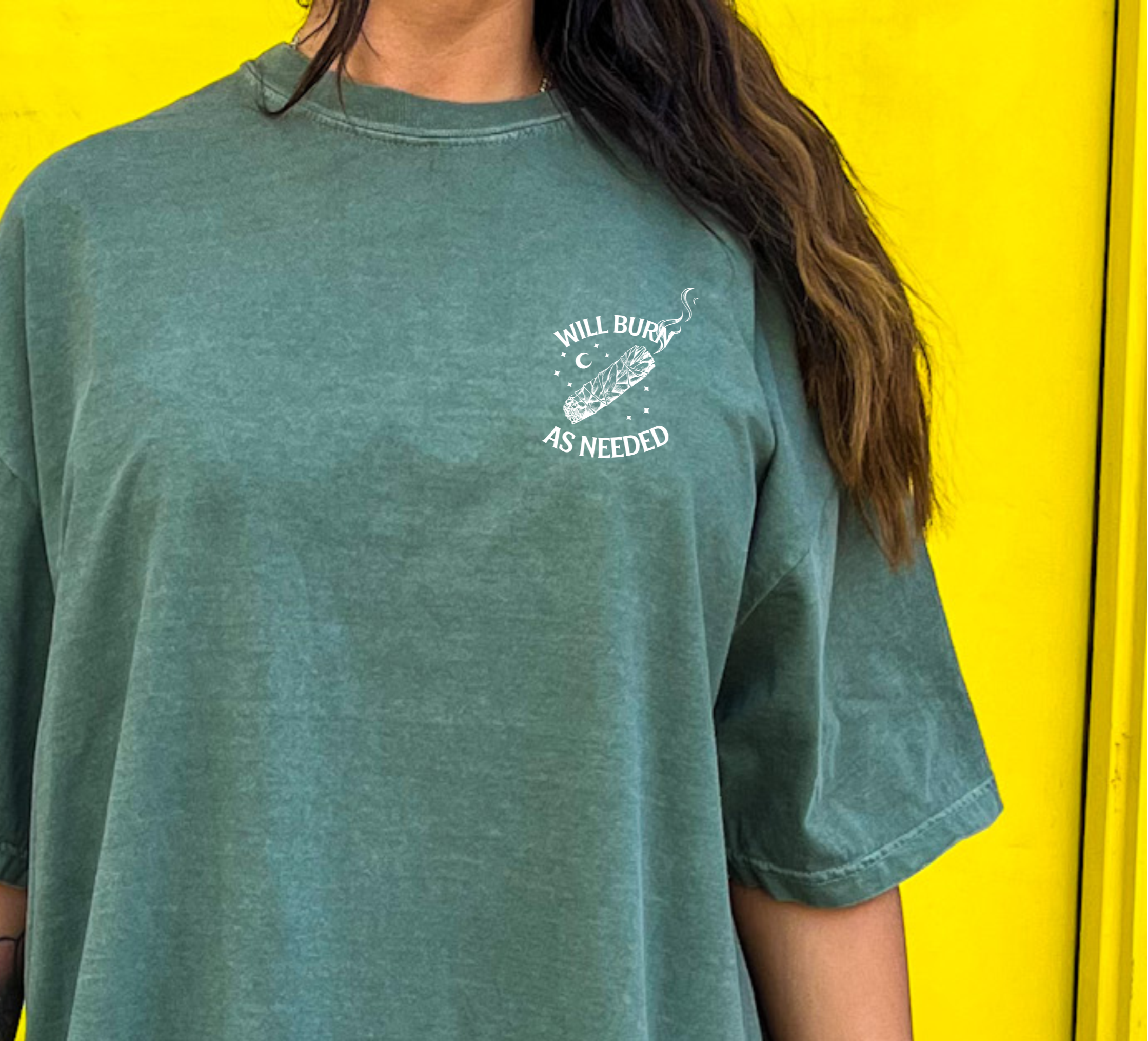 Will Burn Sage graphic tee by Shop Karma Tees featuring a front view of the sage-colored cotton t-shirt with a bold graphic design.
