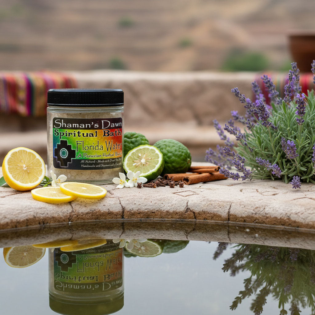 Shamans Dawn Florida Water spiritual bath with Dead Sea salts in a relaxing setting, showcasing the bath ingredients and serene environment.