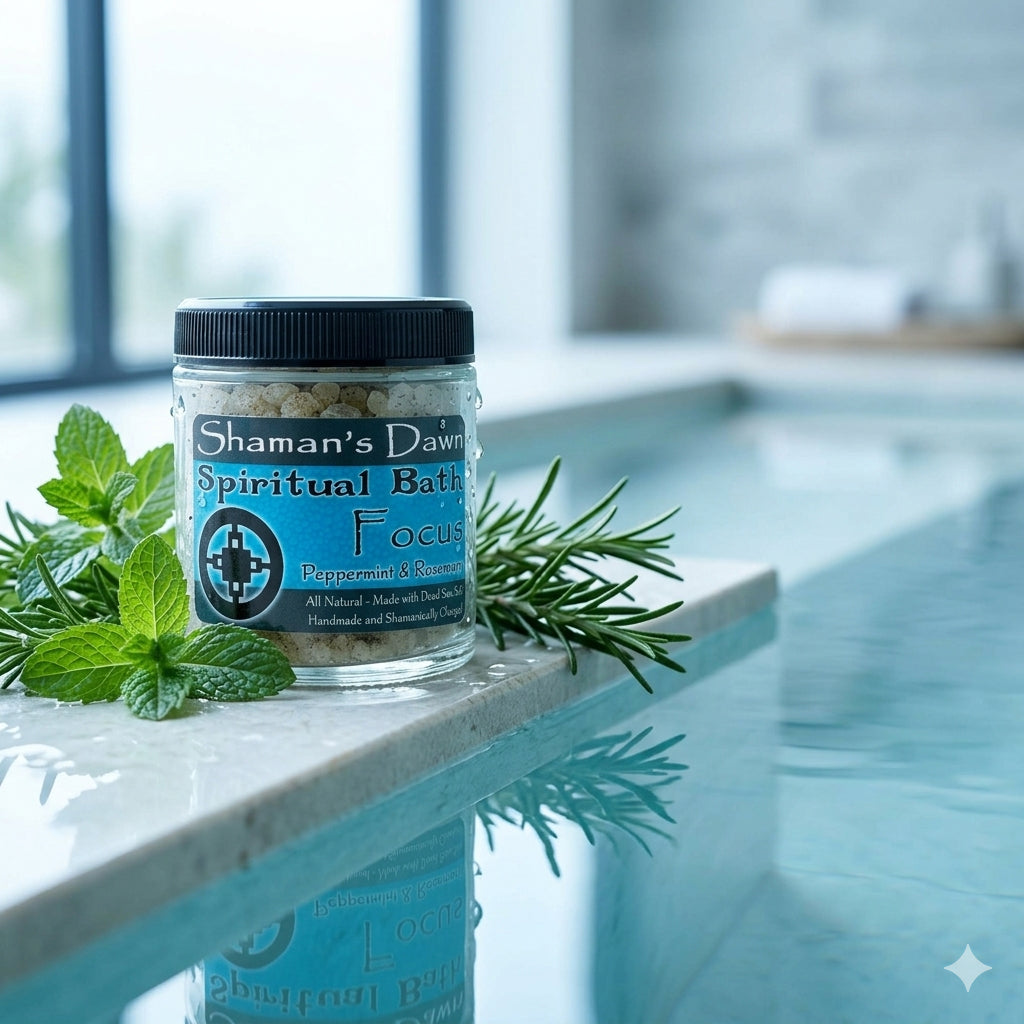 Shamans Dawn Focus Spiritual Bath with Dead Sea Salt in a relaxing bathroom setting, showcasing the bath product and ingredients.