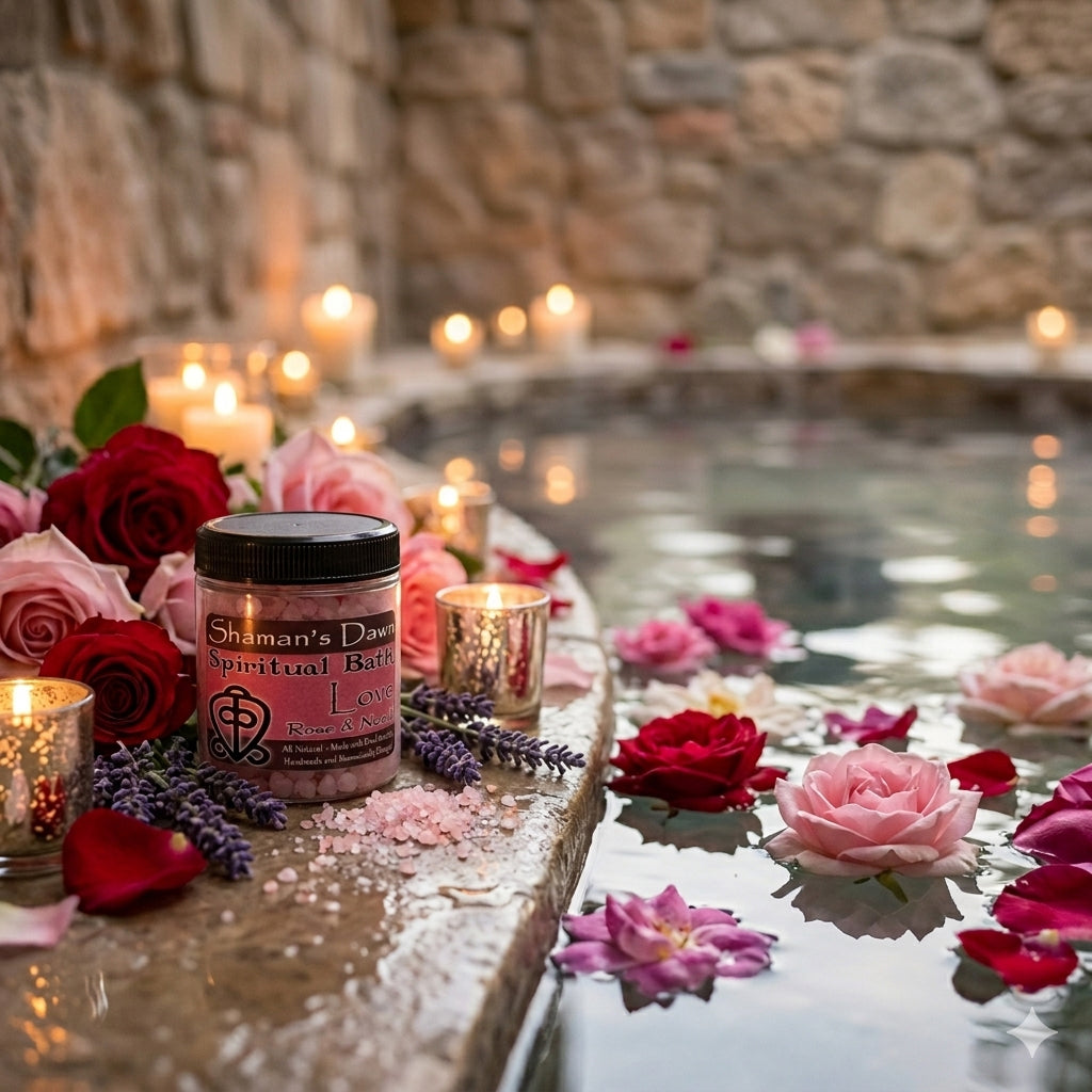 Relaxing bath with Shamans Dawn Love Spiritual Dead Sea Salt, featuring a serene setting for a calming bathing experience.