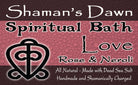 Shamans Dawn Love Spiritual Bath with Dead Sea Salt in a glass bowl, showcasing pink and white bath salts with rose petals.