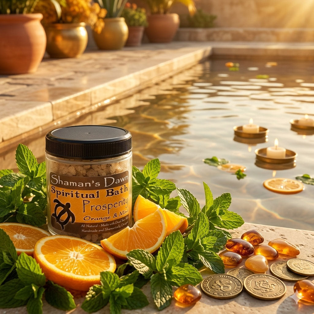 Shamans Dawn Prosperity spiritual bath with Dead Sea salt, showing a relaxing bath scene with natural ingredients and calming ambiance.